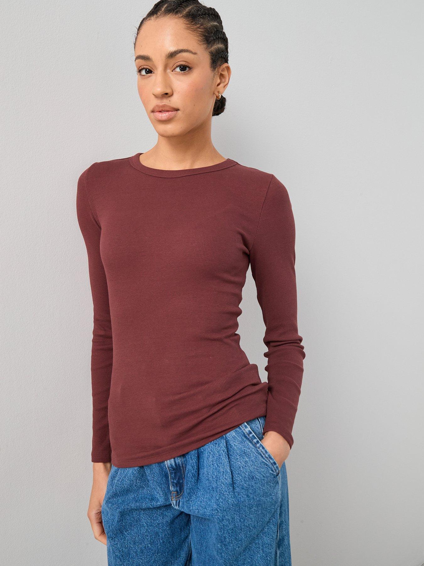 The Very Collection Rib Crew Neck Long Sleeve Top - Brown