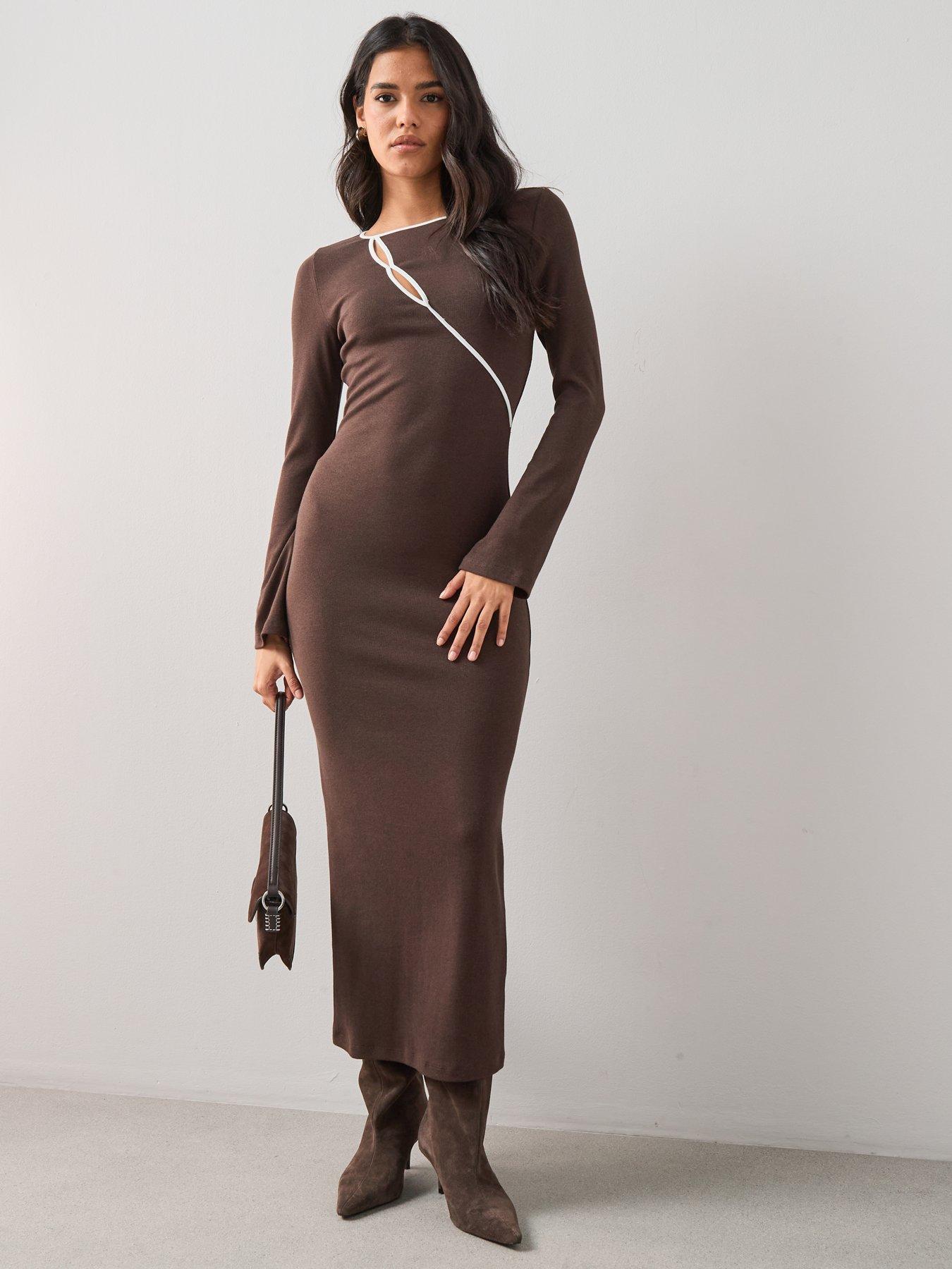 The Very Collection Long Sleeve Rib Cut Out Jersey Maxi Dress - Brown |  Very Ireland