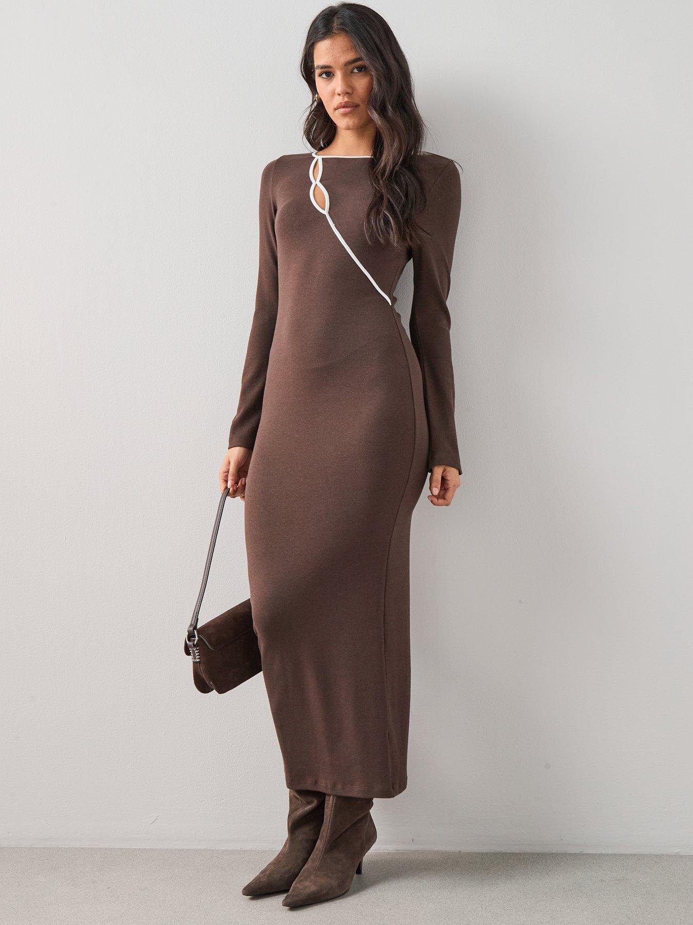 The Very Collection Long Sleeve Rib Cut Out Jersey Maxi Dress - Brown | Very  Ireland