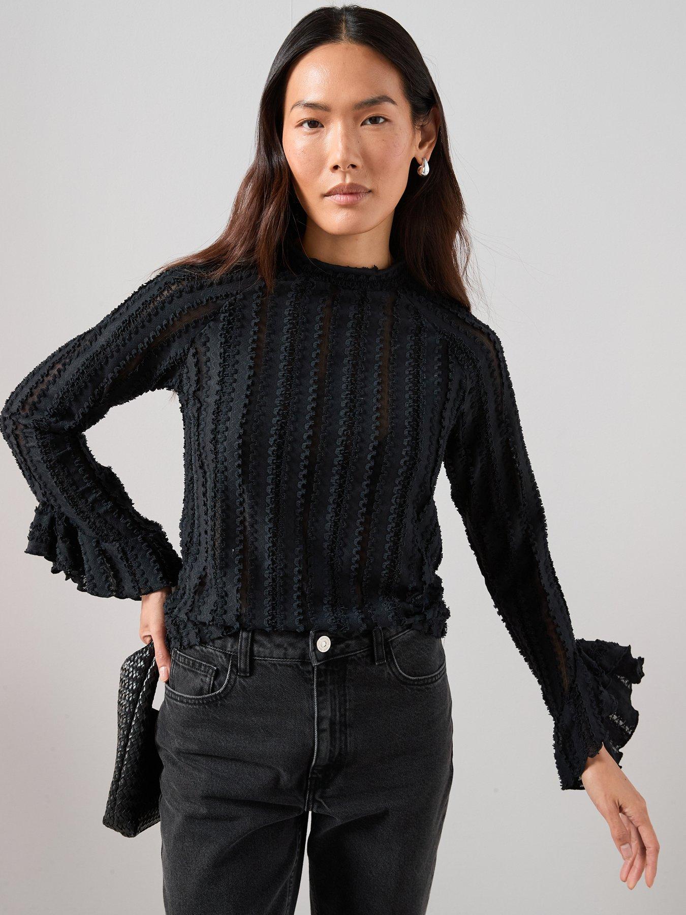 The Very Collection Ruffle Sleeve Lace Top - Black