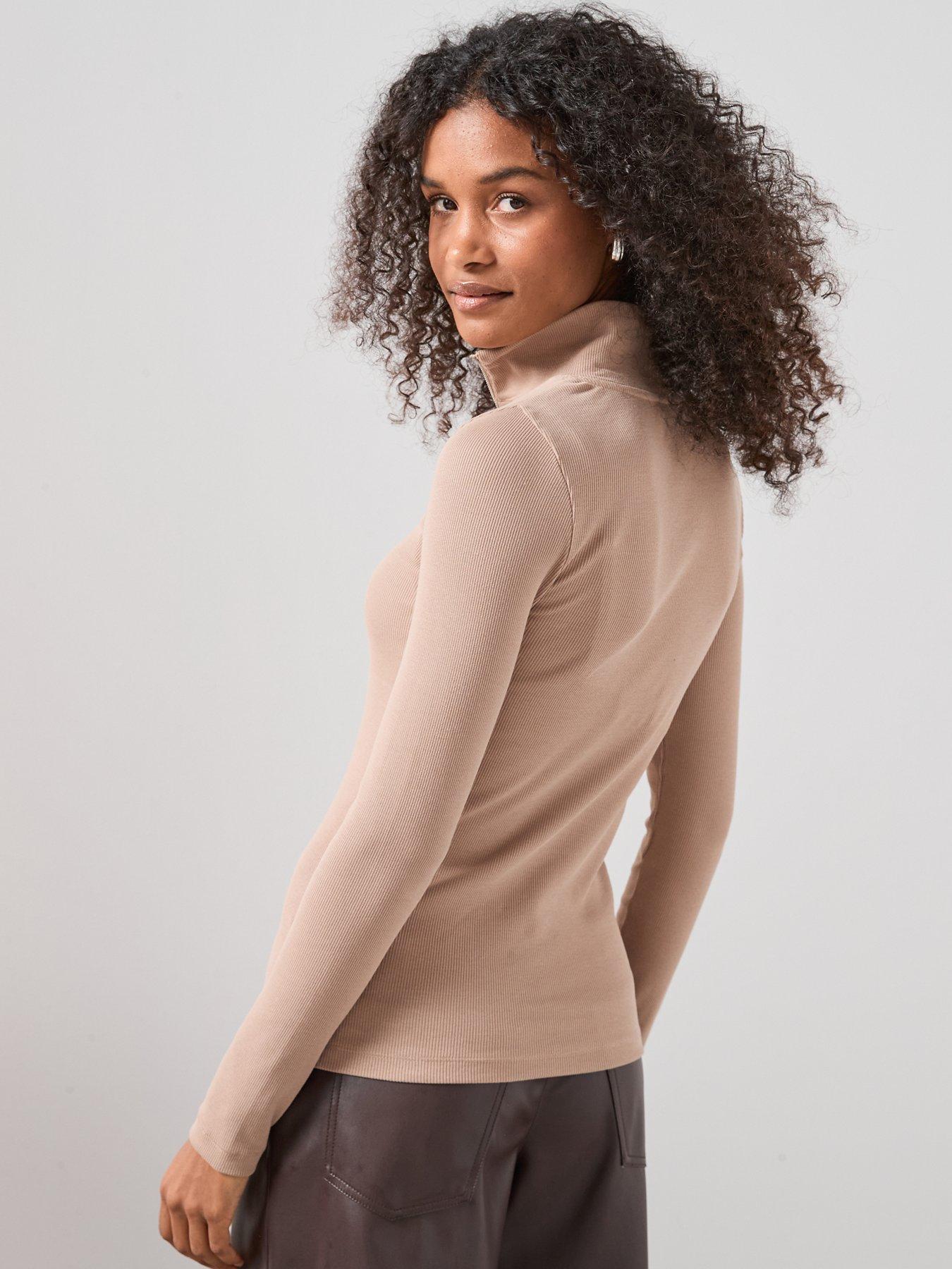 the-very-collection-ribbed-half-zip-top-brownstillFront