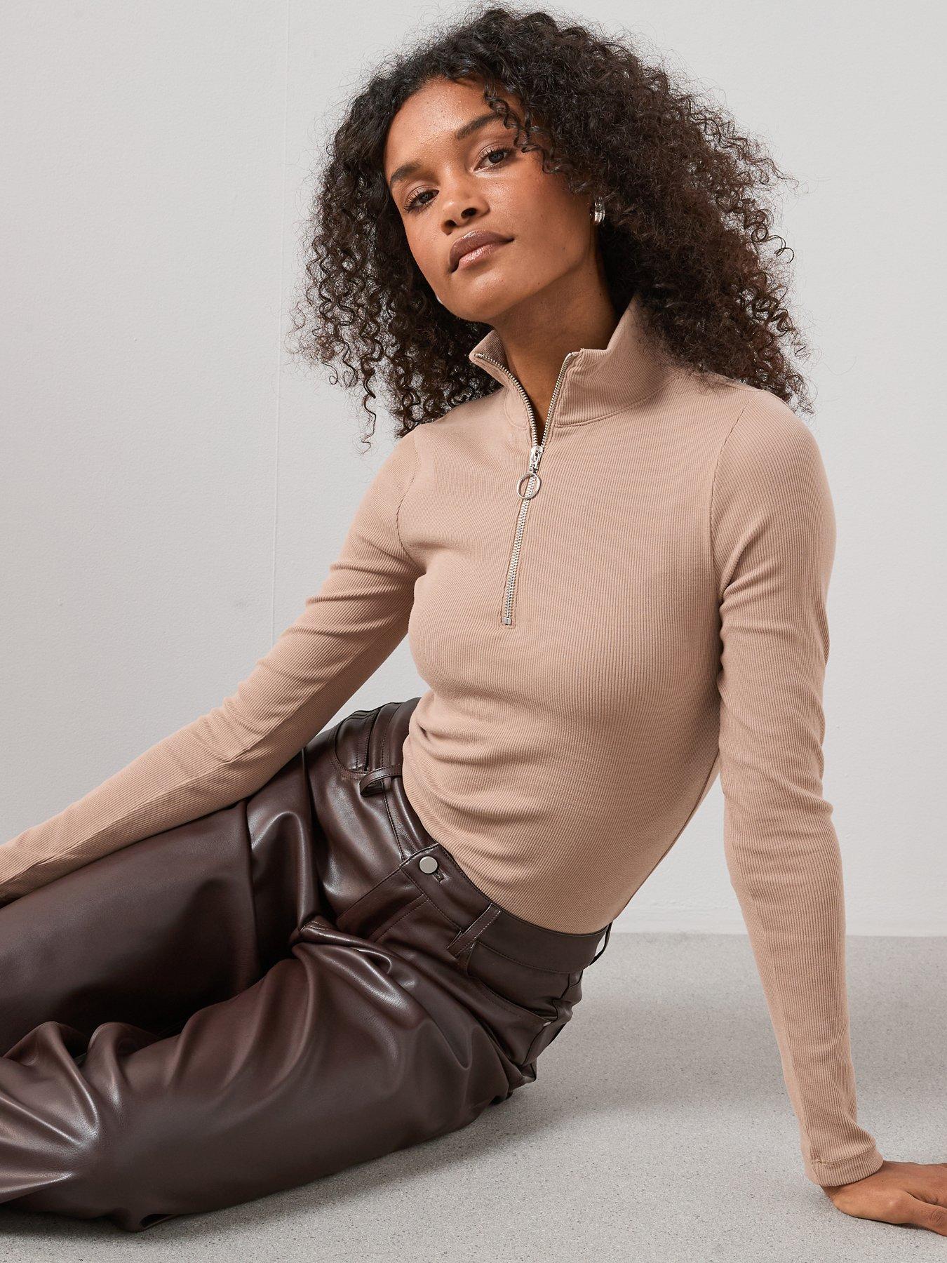 the-very-collection-ribbed-half-zip-top-brownoutfit