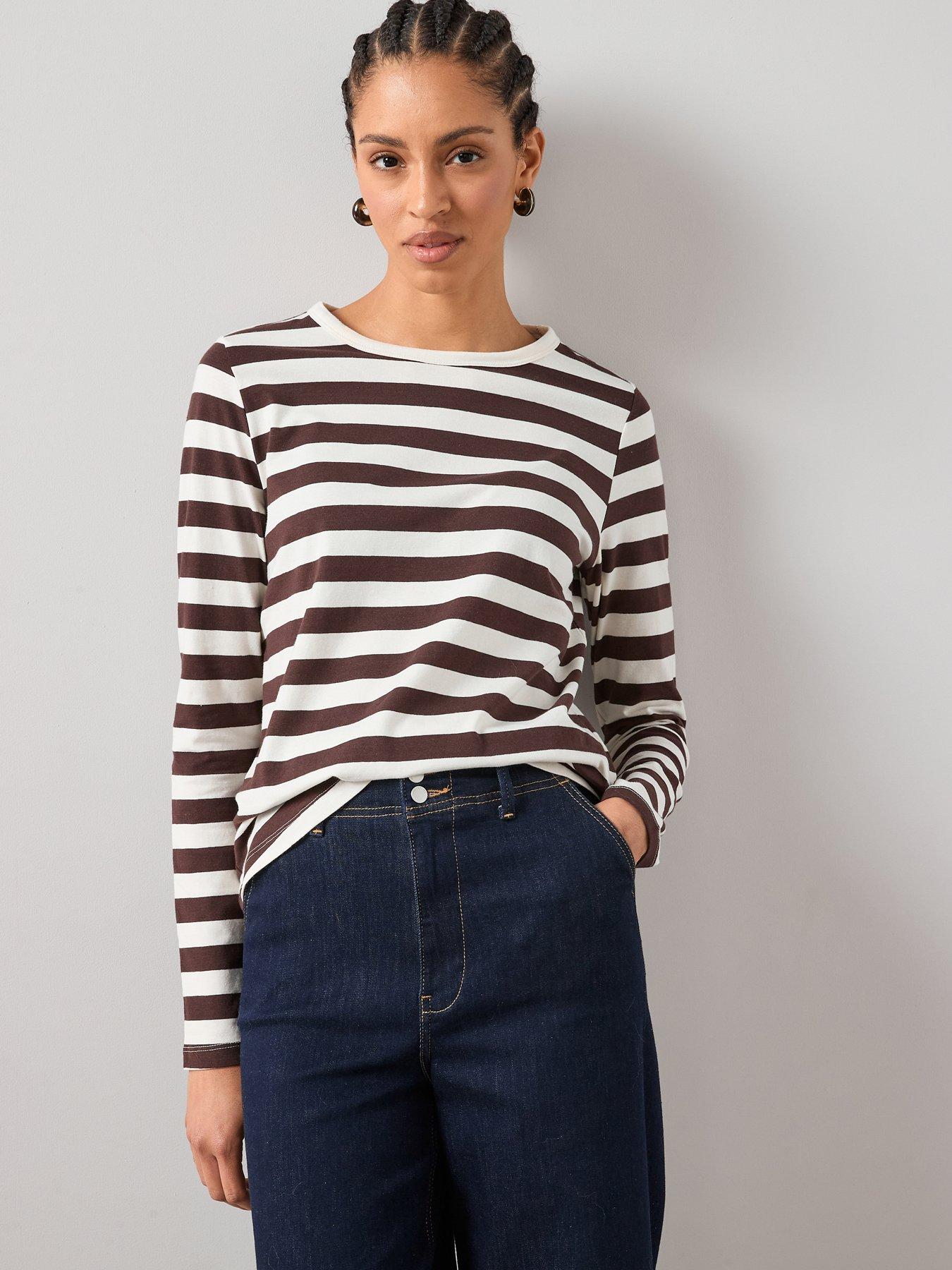 The Very Collection Long Sleeve Oversize Basic Stripe Tee - Brown
