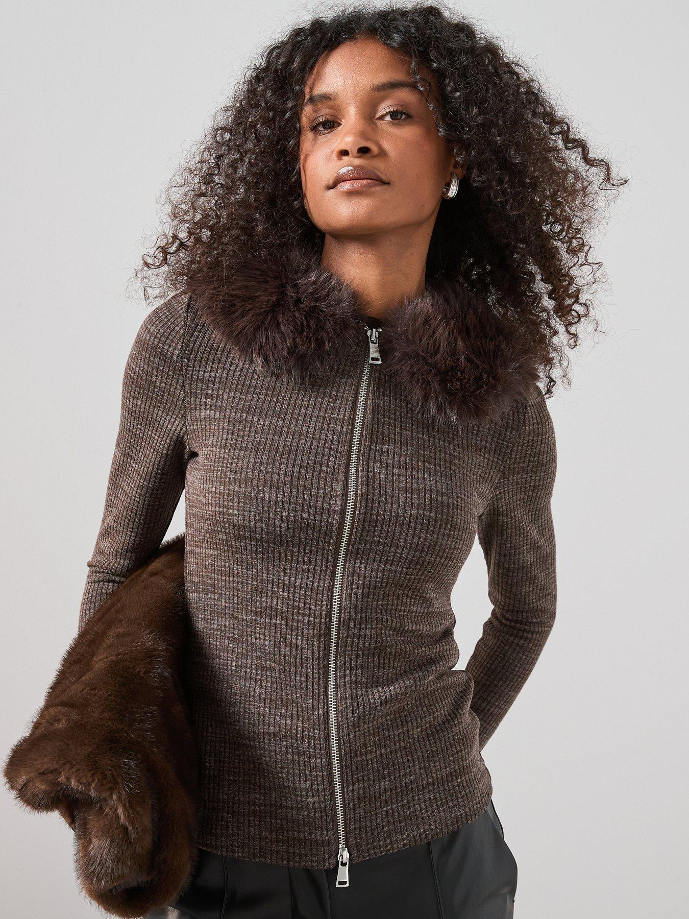 the-very-collection-faux-fur-collar-zip-up-top-brownfront