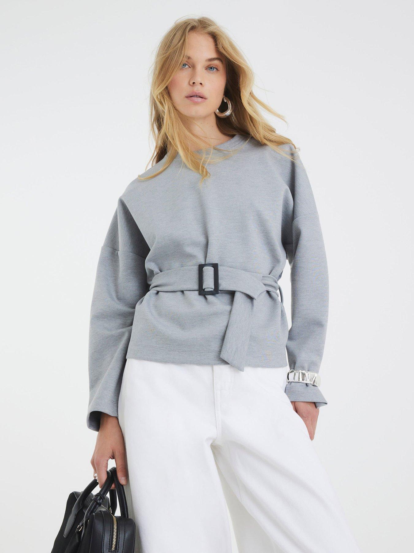 Image 1 of 4 of River Island Long Sleeve Belted Sweatshirt - Grey