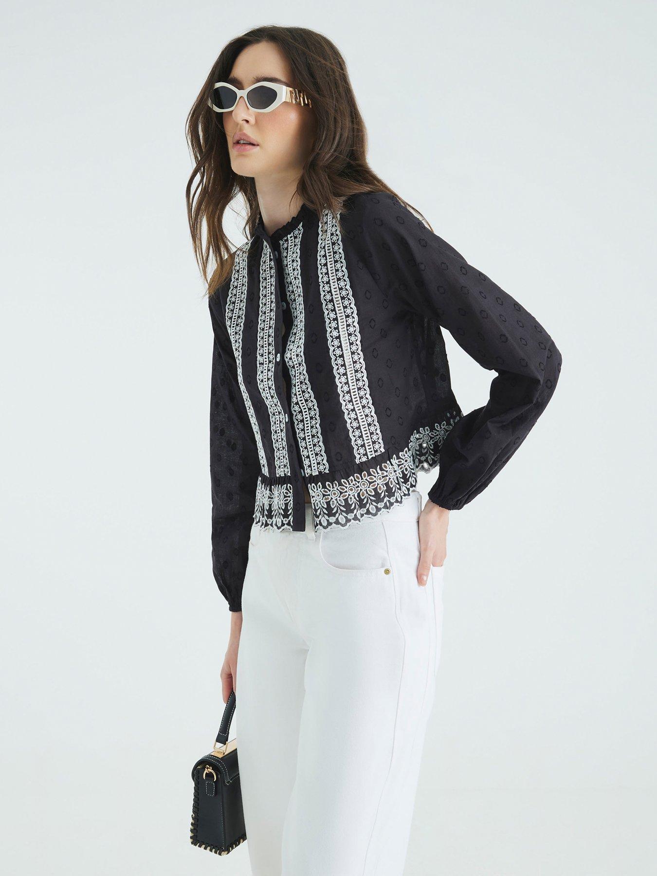 River Island Long Sleeve Broderie Trim Blouse - Black