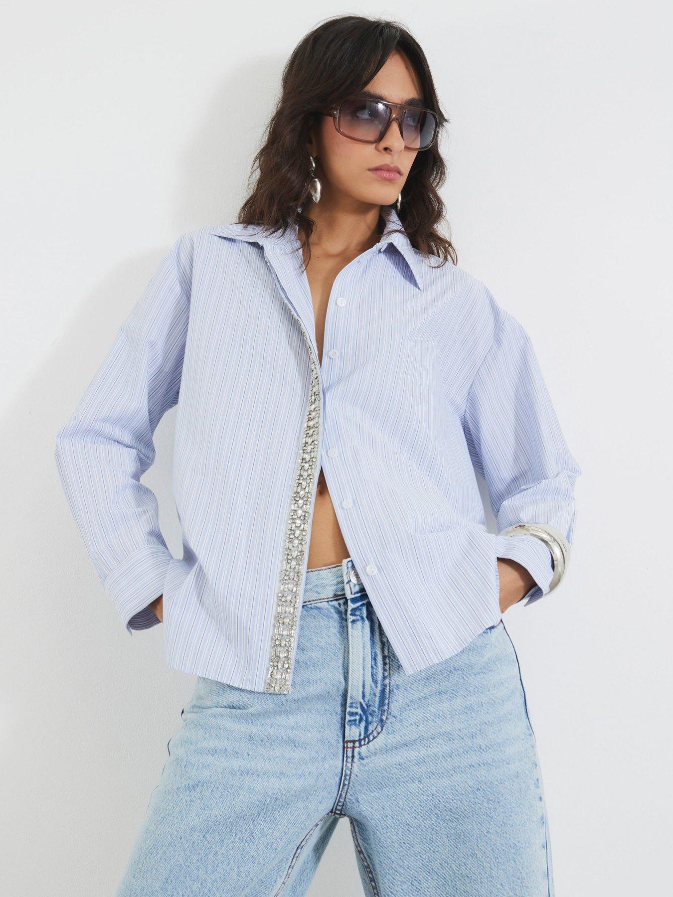 River Island Diamante Trim Stripe Shirt - Blue