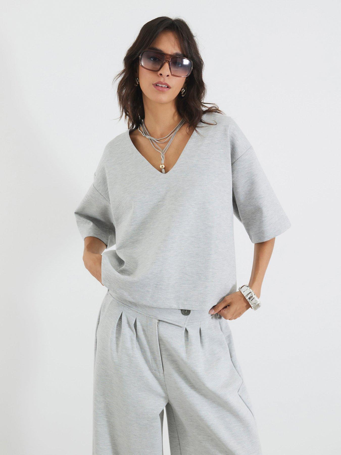 River Island Short Sleeve V-Neck Interlock T-Shirt - Grey