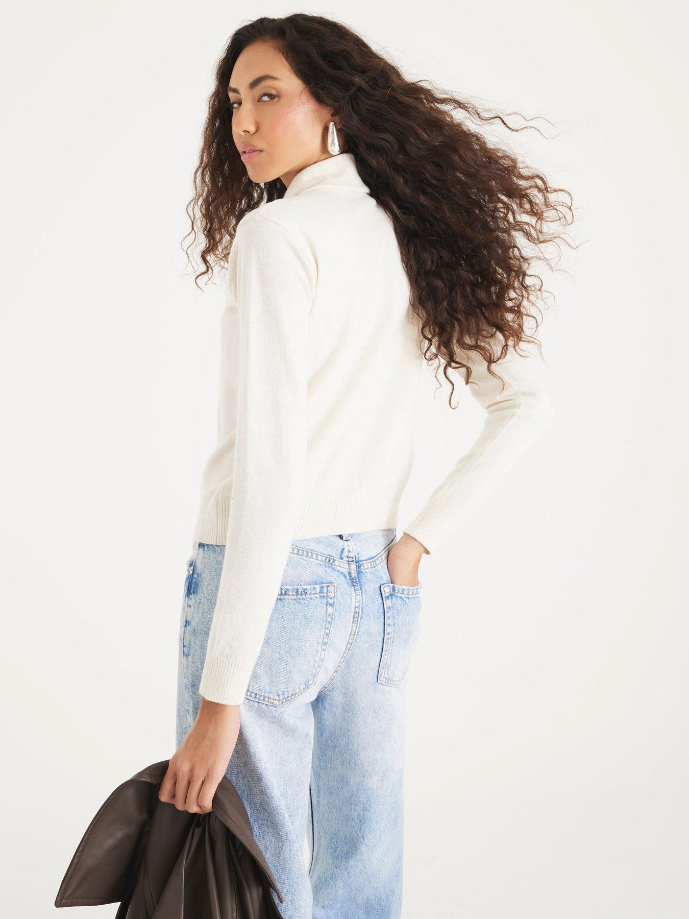 Image 2 of 4 of River Island Knitted Long Sleeve Tie Neck Top - Cream