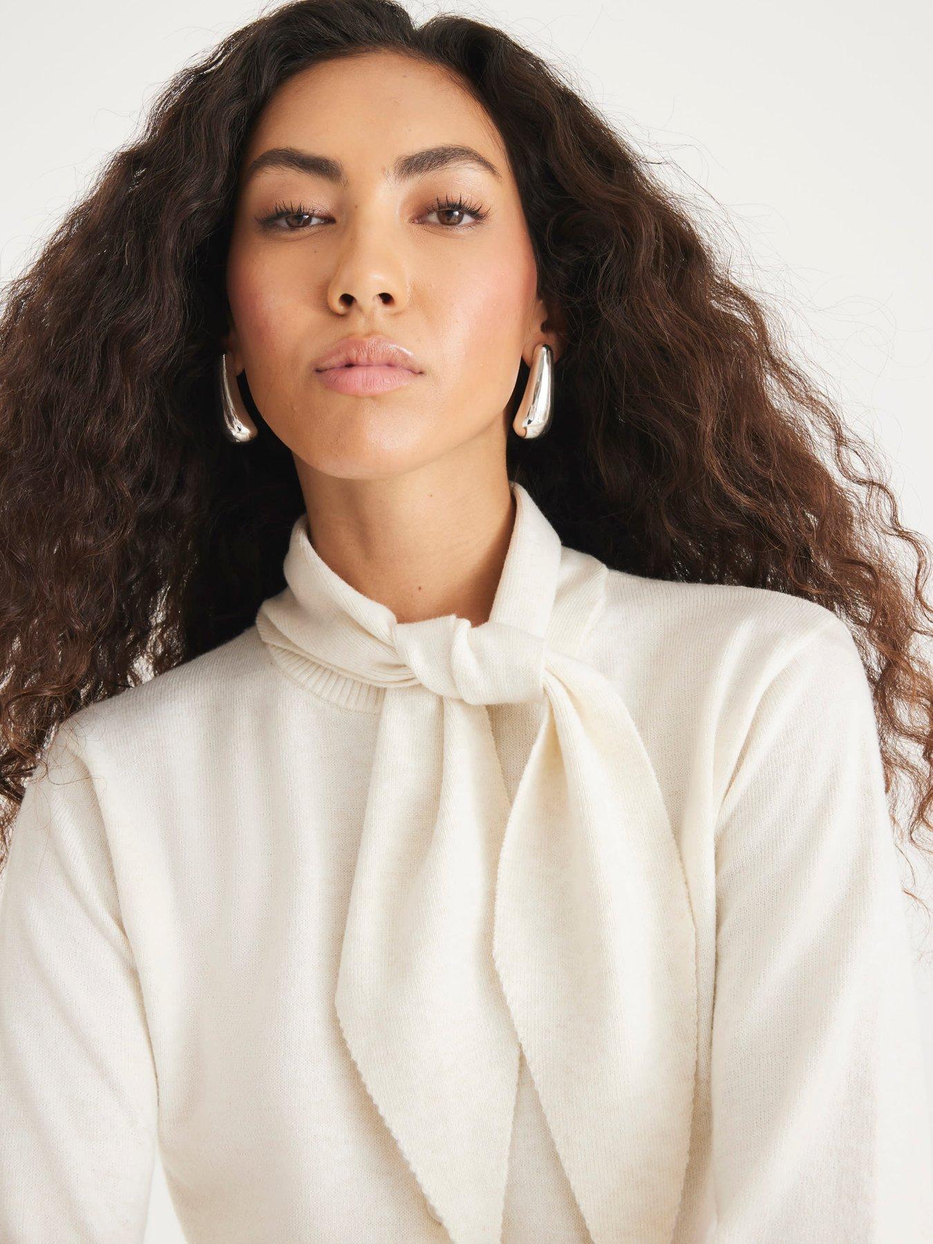 Image 4 of 4 of River Island Knitted Long Sleeve Tie Neck Top - Cream