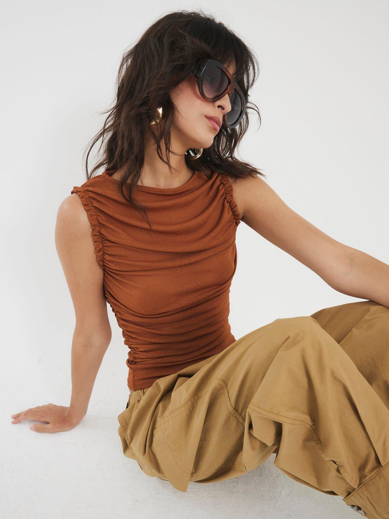 River Island Drape Ruched Shoulder Top - Orange