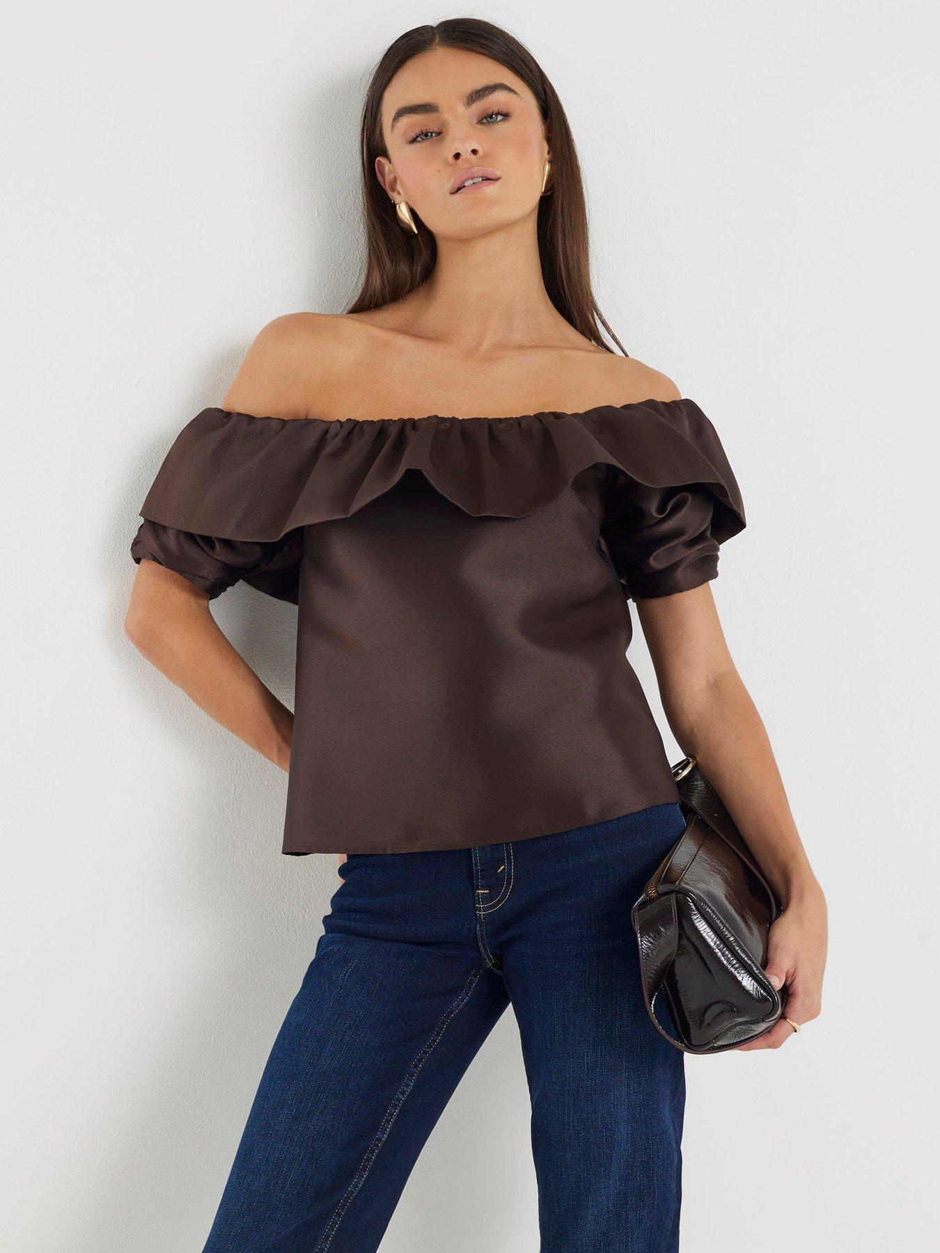 river-island-premium-frill-detail-short-sleeve-top-brownfront