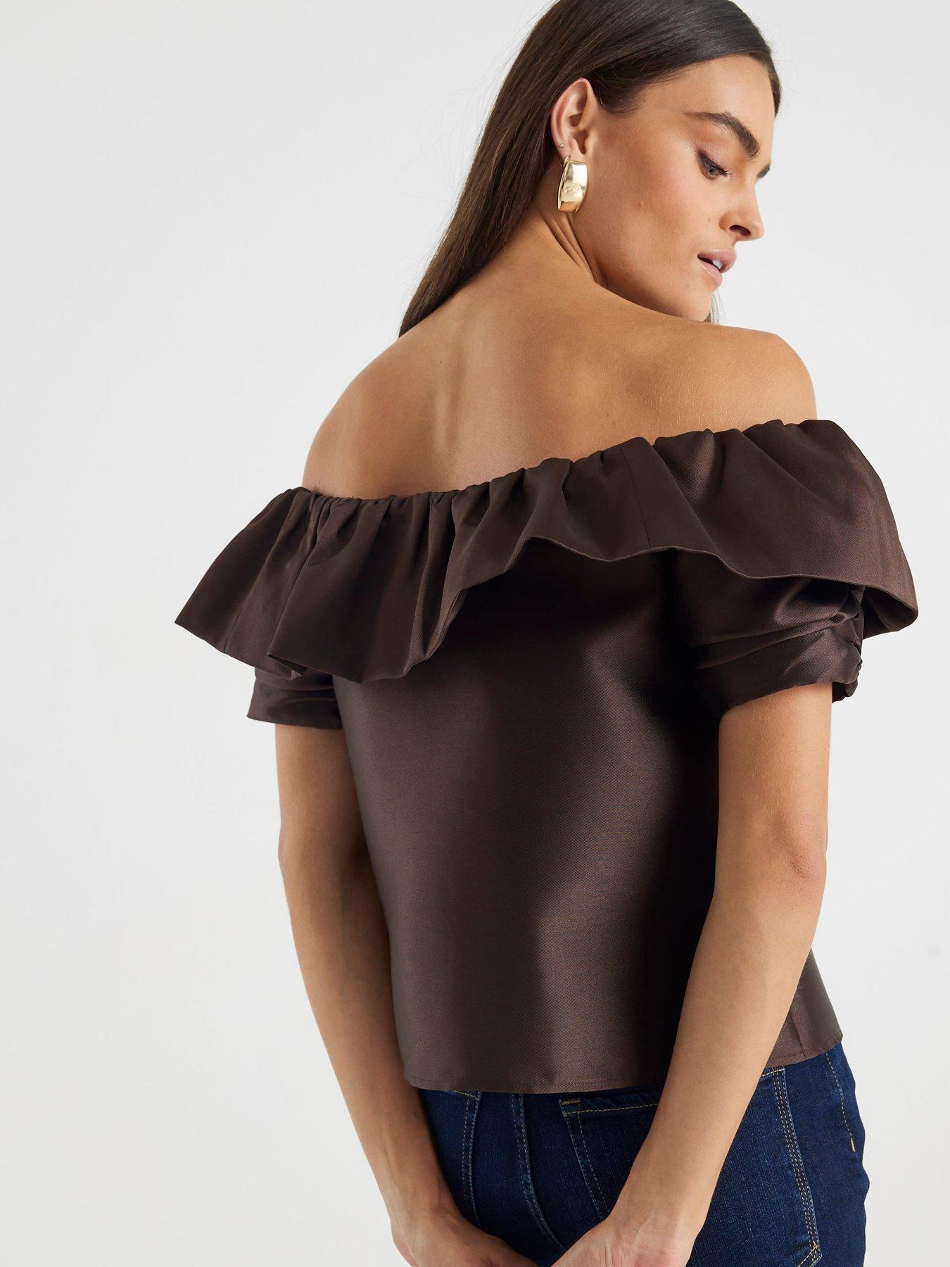 river-island-premium-frill-detail-short-sleeve-top-brownstillFront