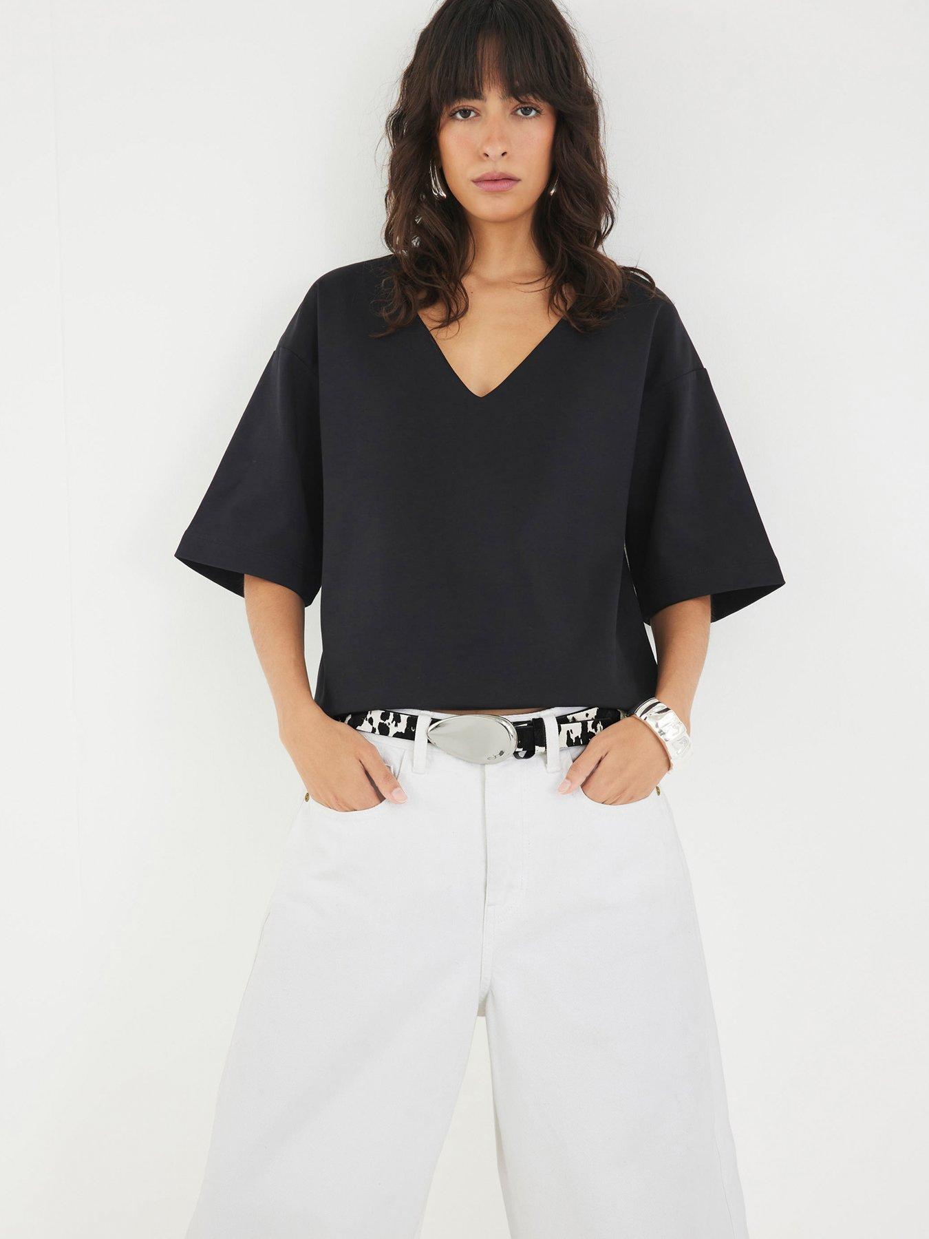 River Island Short Sleeve V-Neck Interlock T-Shirt - Black