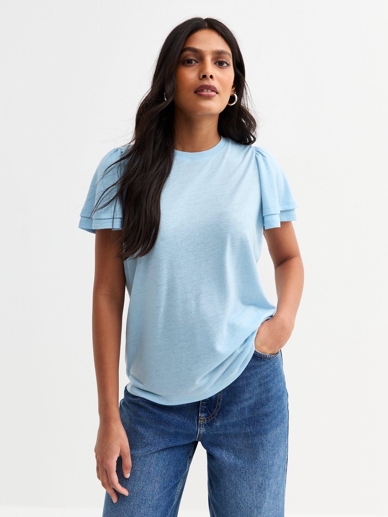 New Look Light Blue Flutter Sleeve T-shirt