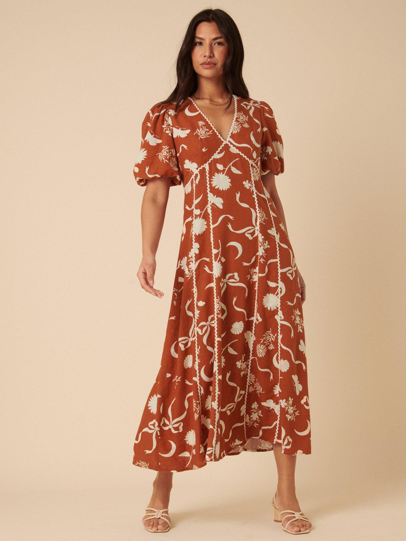 Image 1 of 5 of Nobodys Child Lucy Printed Midi Dress - Brown