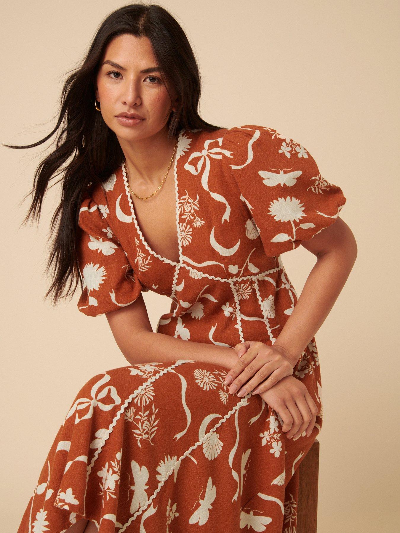 Image 2 of 5 of Nobodys Child Lucy Printed Midi Dress - Brown