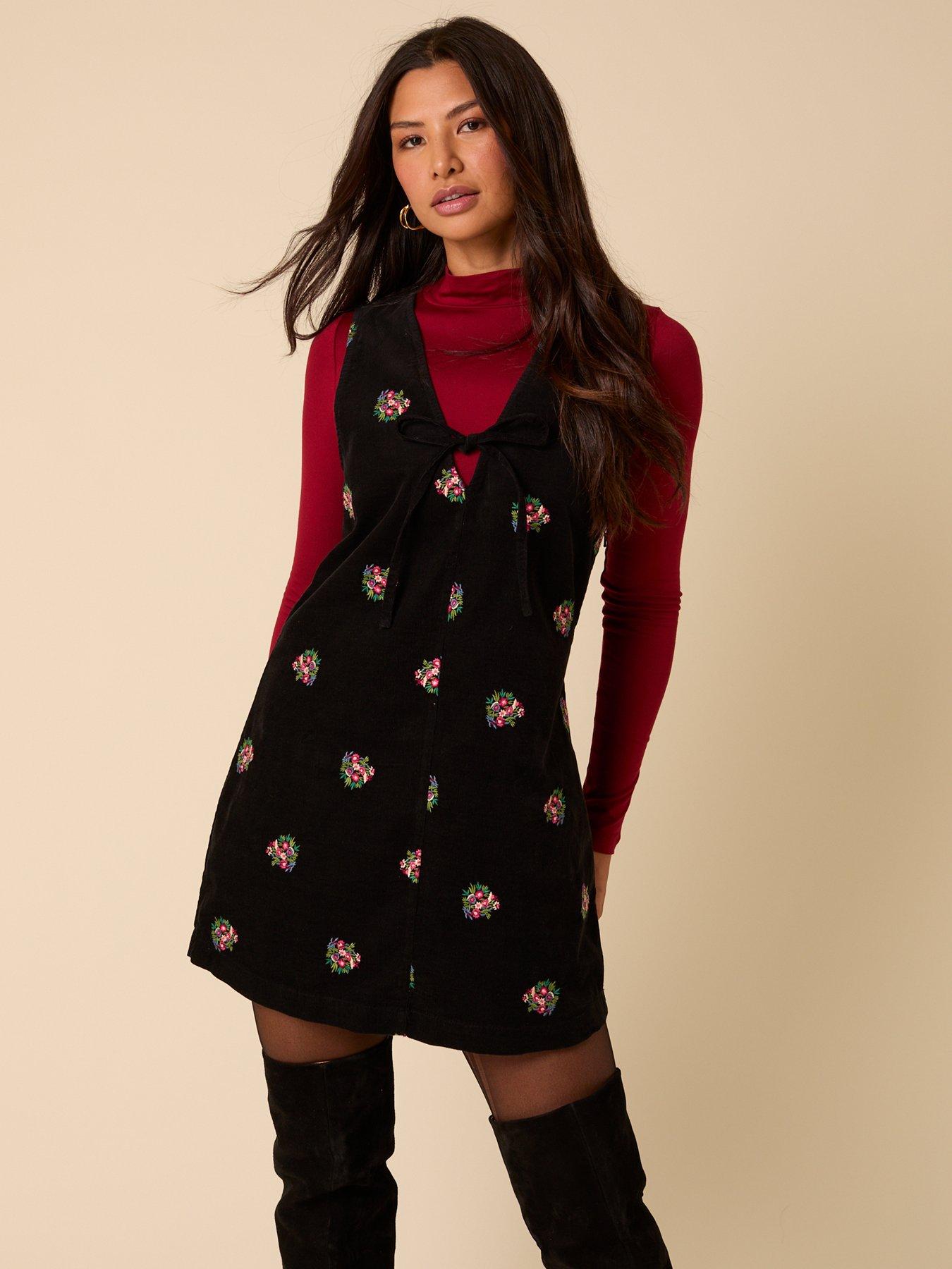 Nobodys Child Nila Embroidered Pinafore Mini Cord Dress Embroidered - Black