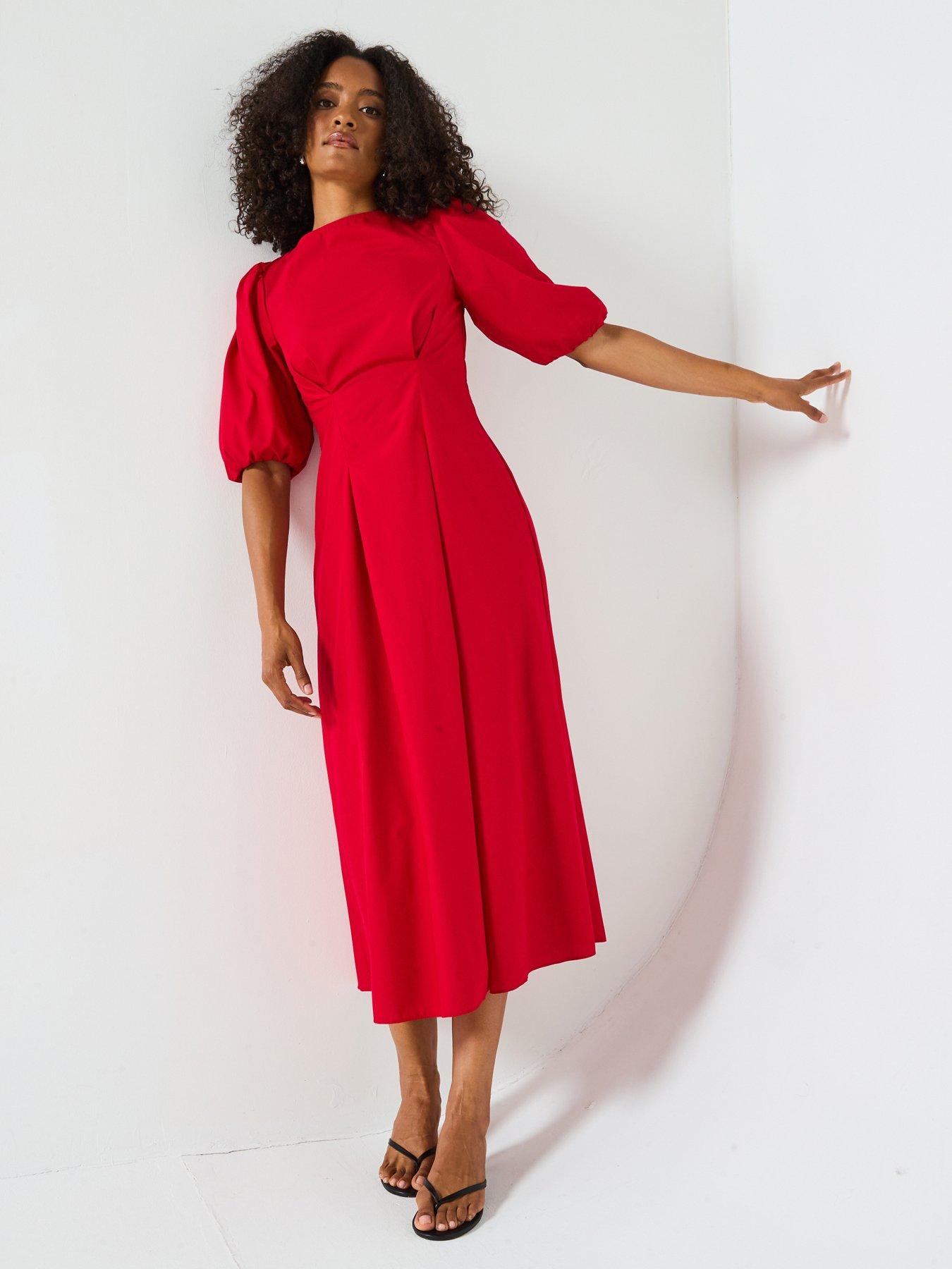undefined Puff Sleeve Midaxi Dress - Red