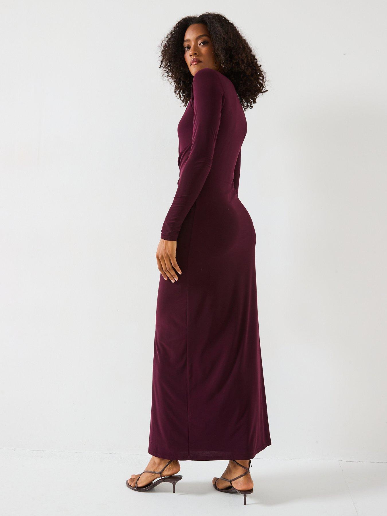 V by Very Long Sleeve Draped Asymmetric Maxi Dress with Gold Teardrop Trims  - Purple | Very Ireland