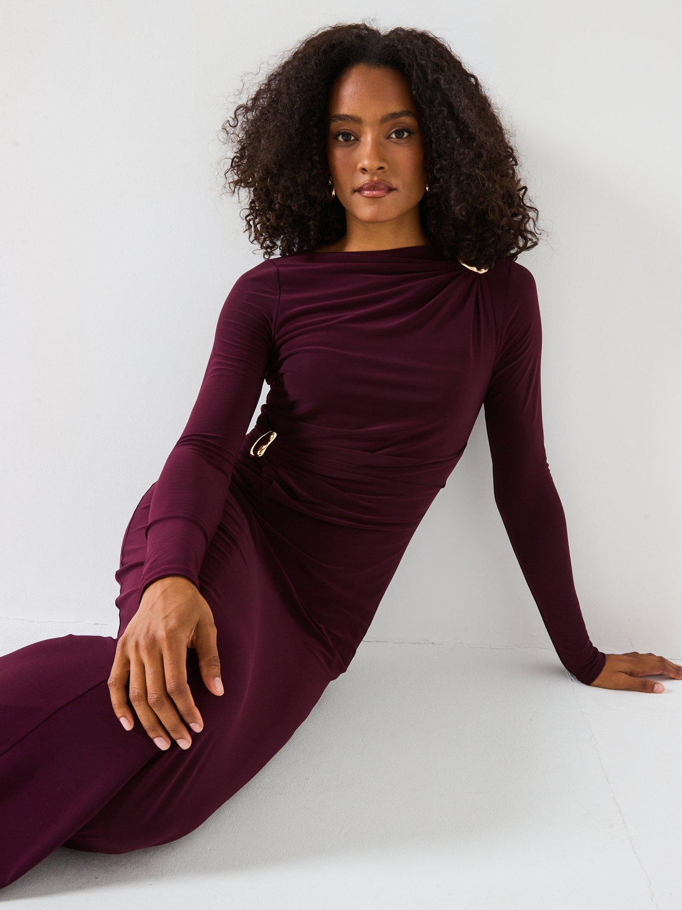 V by Very Long Sleeve Draped Asymmetric Maxi with Gold Teardrop - Main Image