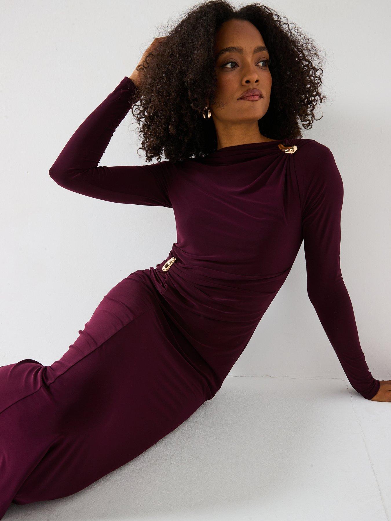 slim fit dress slacks Ella Beaded Long Sleeve Mermaid Dress in Champagne and Burgundy – Oasislync main image 1