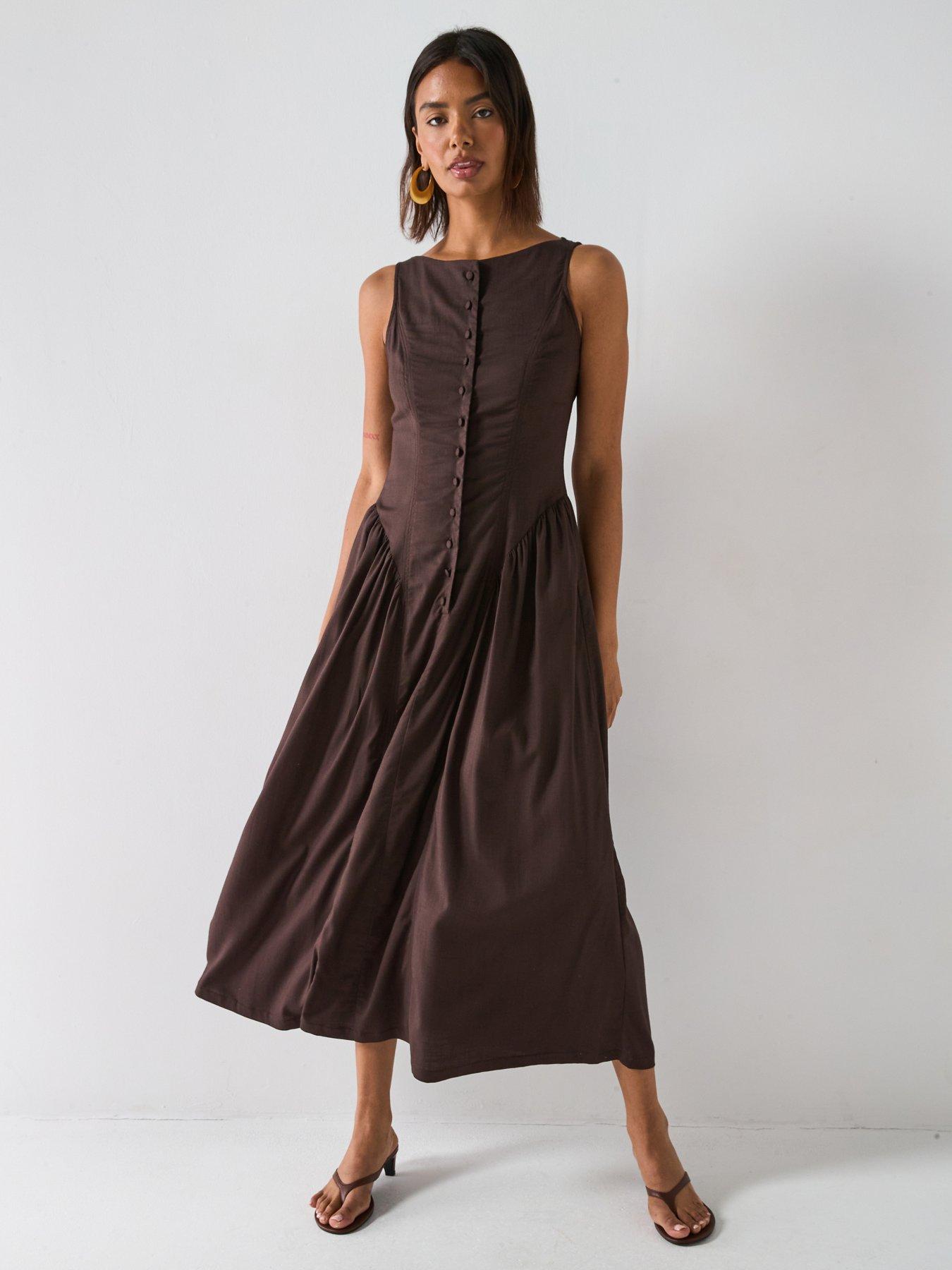 V by Very Dropped Waist Button Down Midaxi Dress - Brown