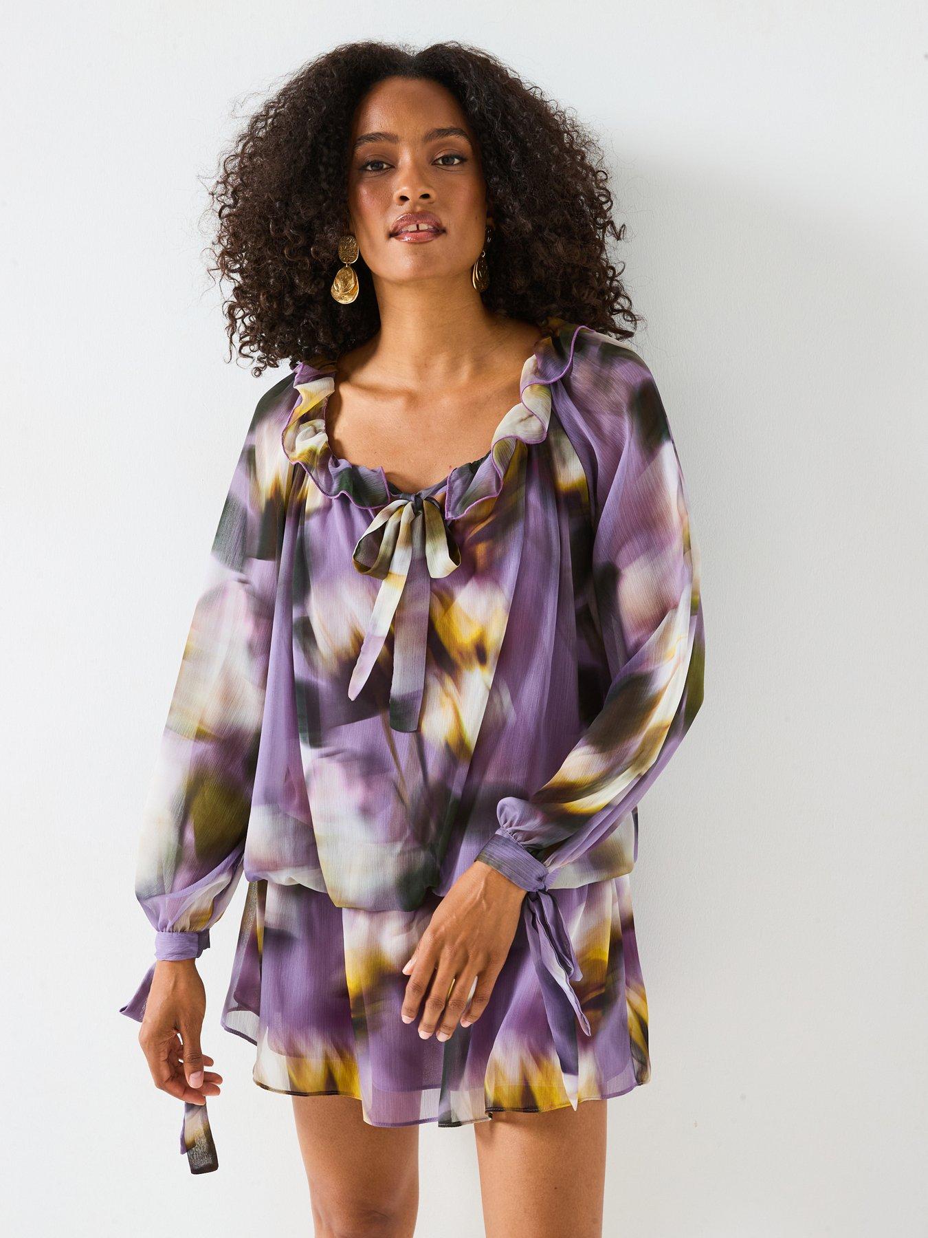 V by Very Dropped Hem Tie Sleeve Printed Mini Dress - Print