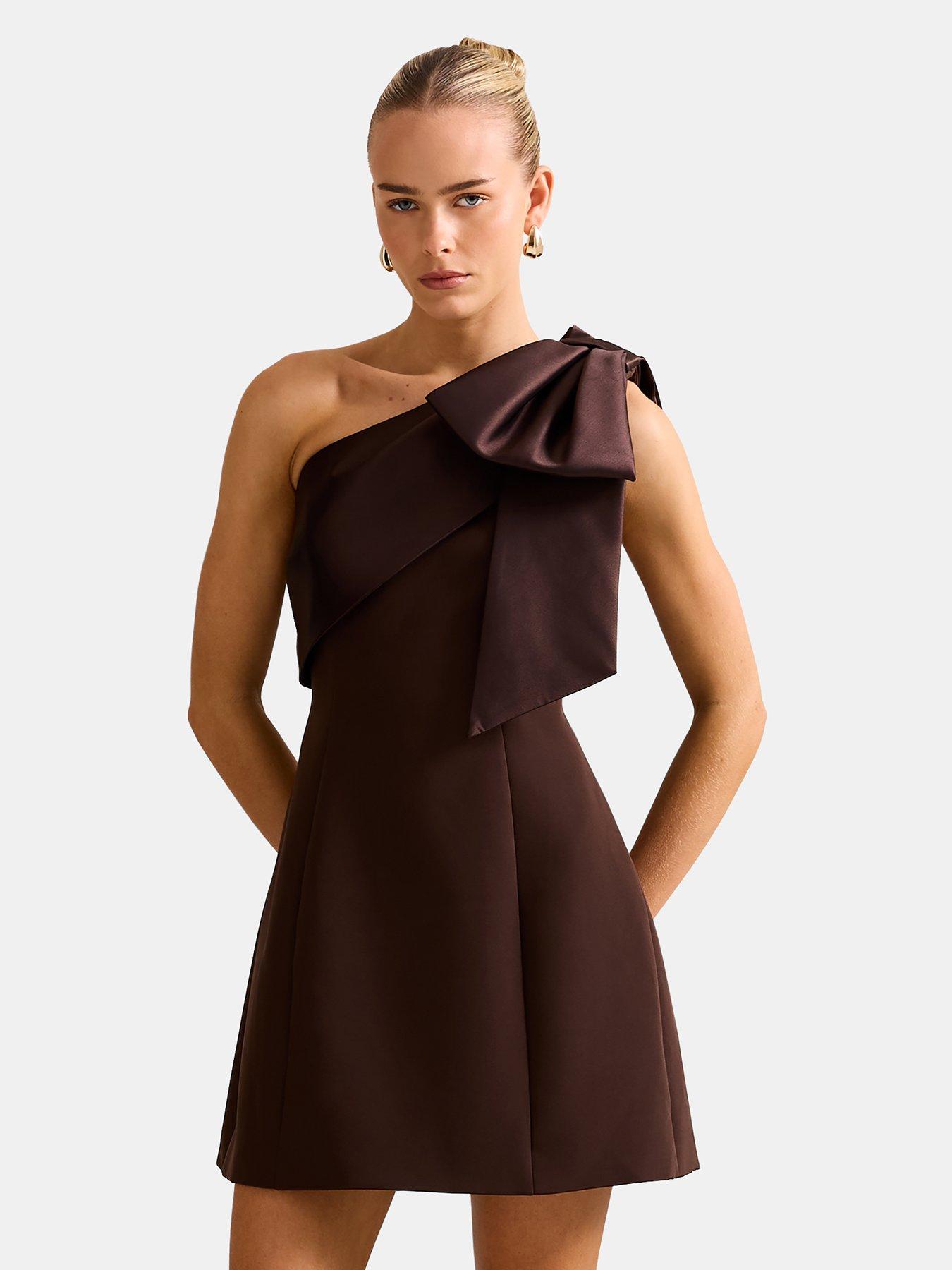 Forever New Holly Asymmetric Bow Mini Dress - Brown
