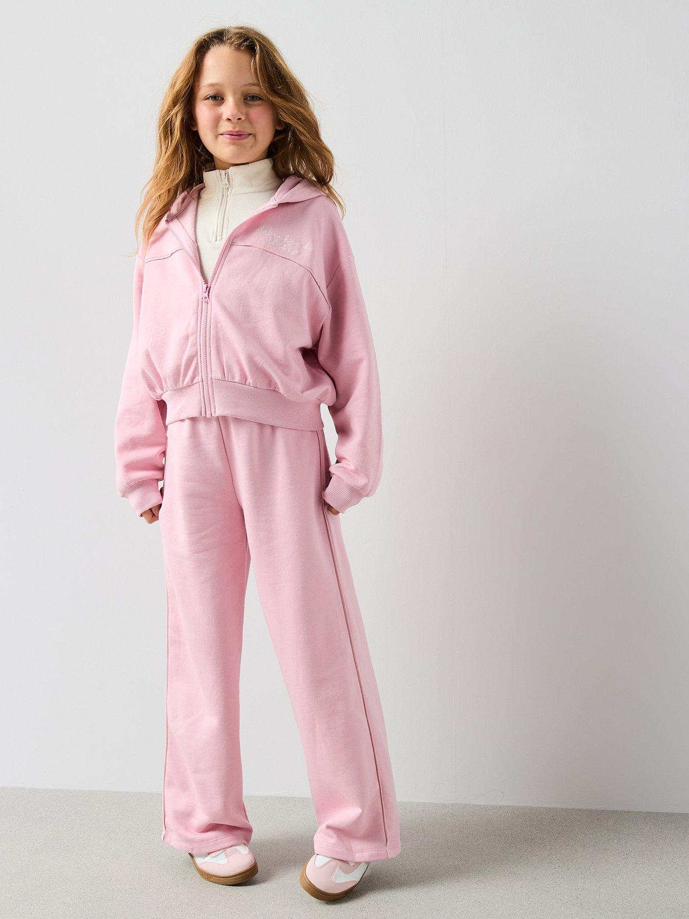 The Very Collection Girls Jersey Zip Up Hoodie With Wide Leg Trousers - Pink