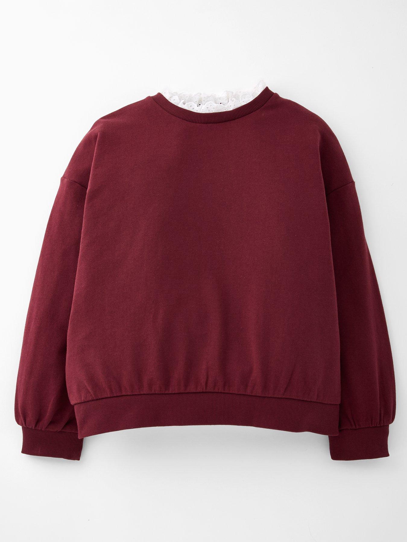 The Very Collection Girls Cotton Neck Frill Sweatshirt  - Burgundy/Pink
