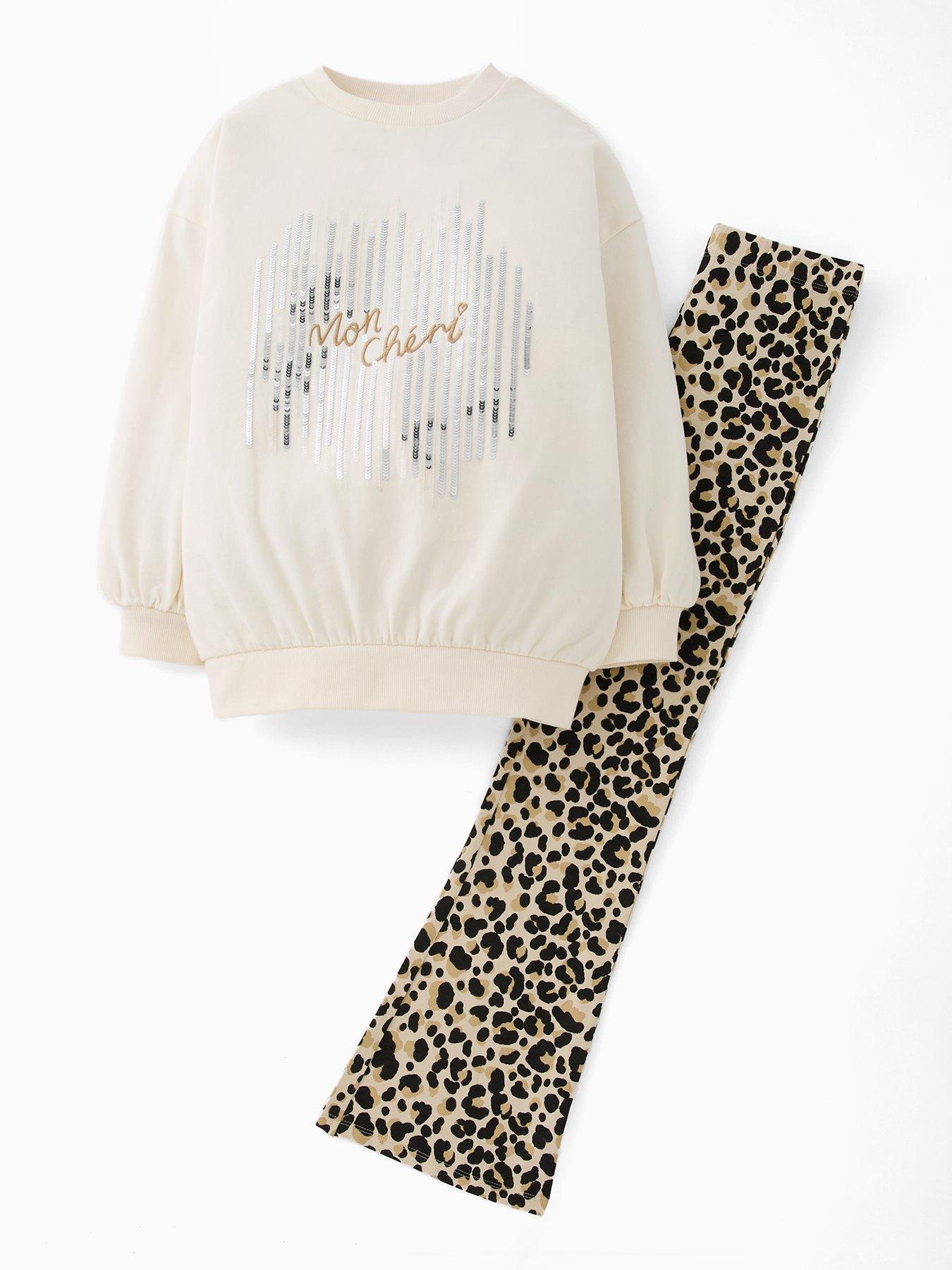 Image 1 of 5 of The Very Collection Girls Longline Sweat Leopard Print Outfit - Cream