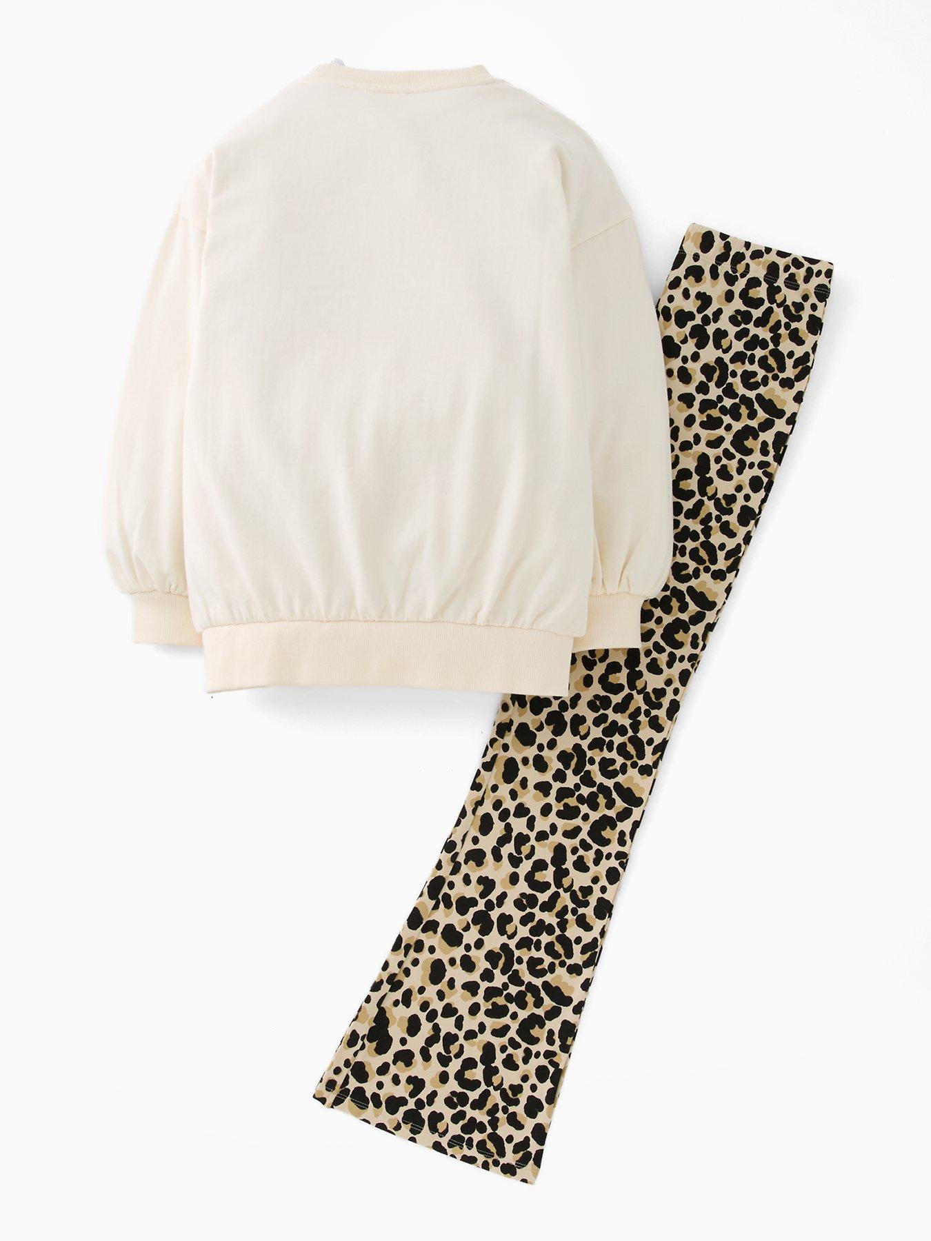 Image 2 of 5 of The Very Collection Girls Longline Sweat Leopard Print Outfit - Cream