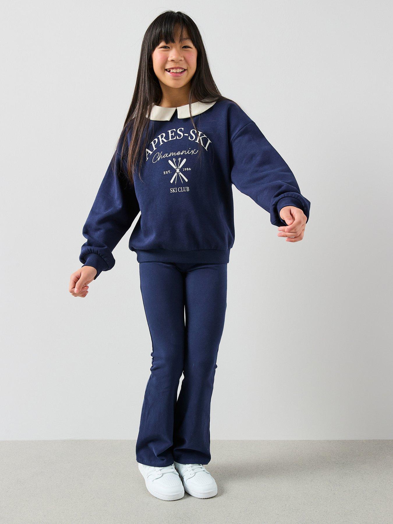 The Very Collection Girls Collar Navy Jersey Flare Set - Blue