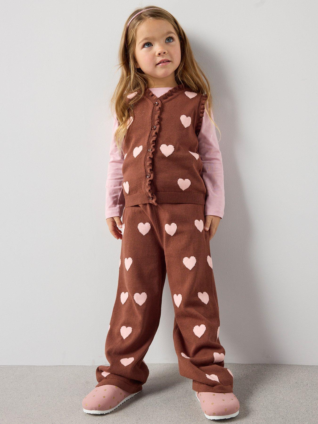 The Very Collection Girls Knitted Heart Detail Vest And Wide Leg Trouser - Print