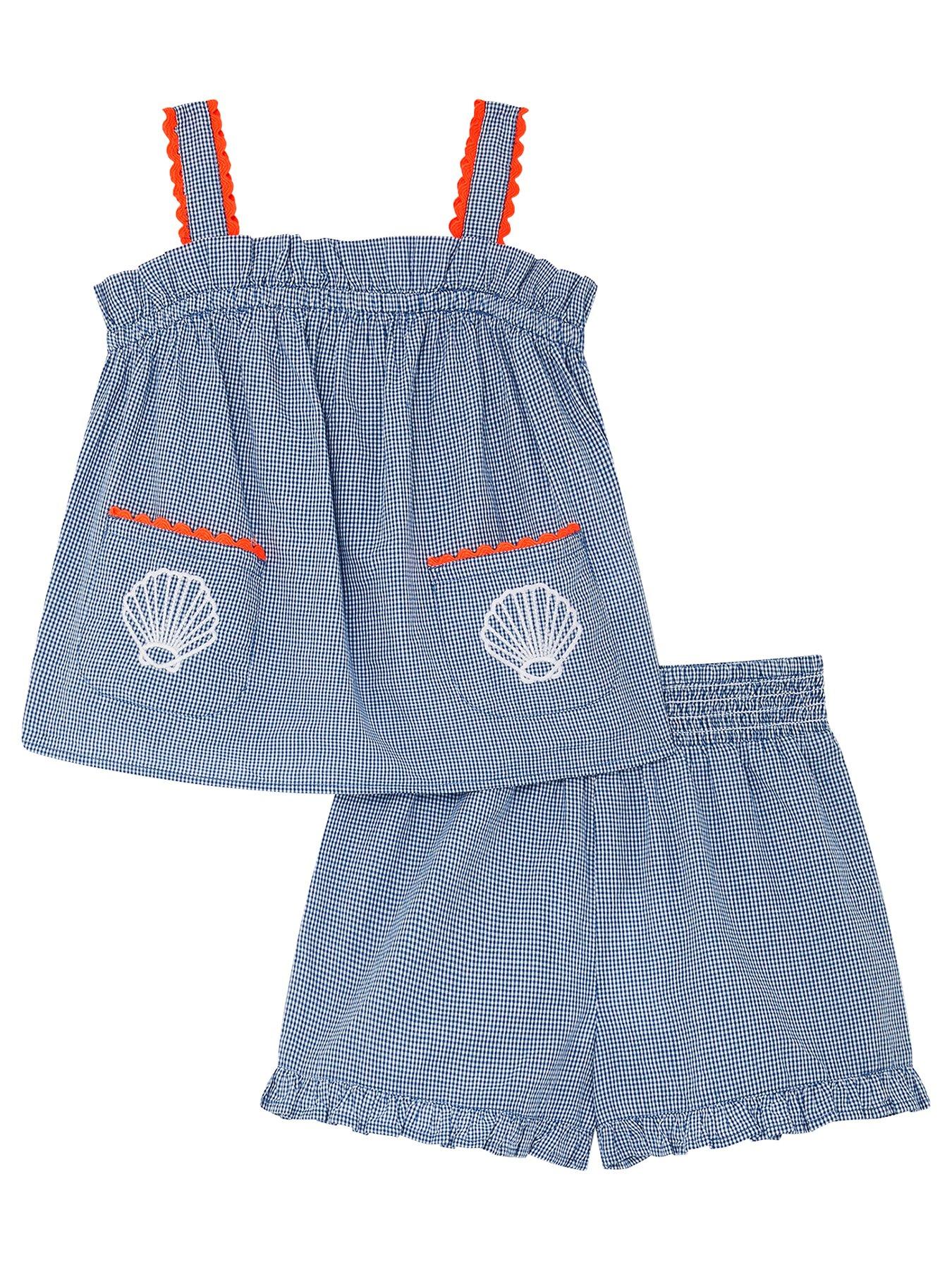 undefined Girls Gingham Embroidered Blouse Set - Blue