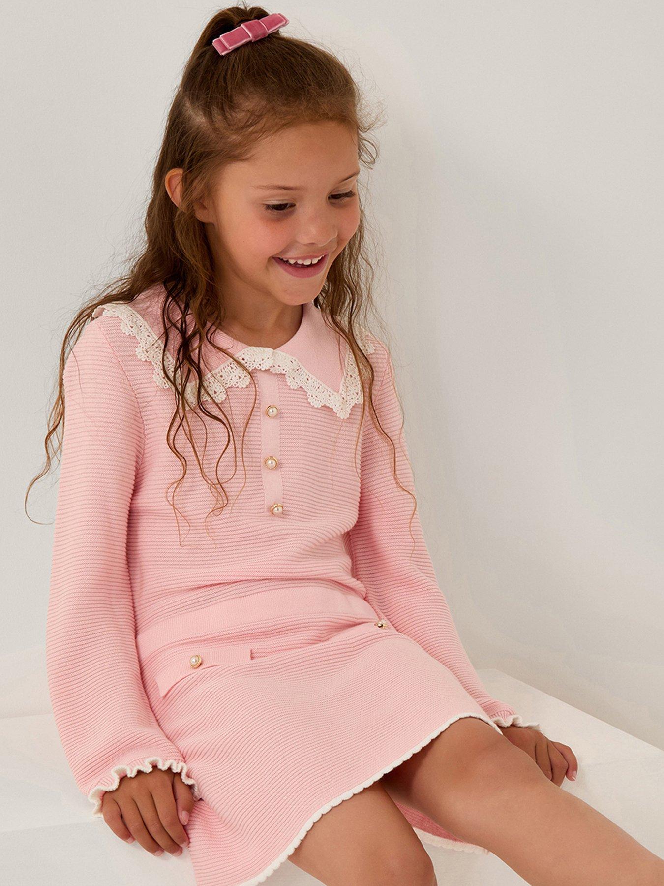 Monsoon Girls Pearl Collar Knit Dress - Pink