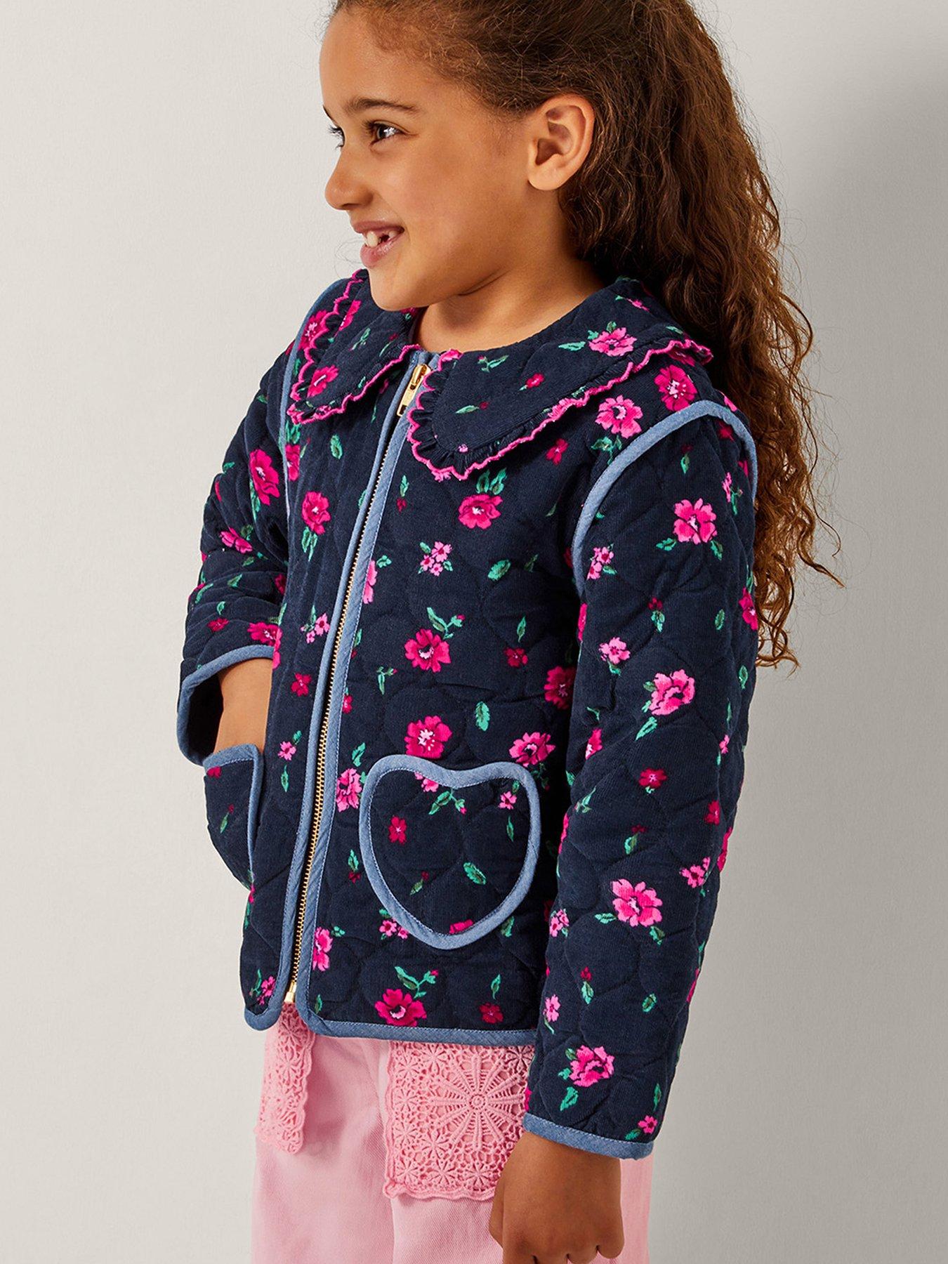 Monsoon Girls Cord Floral Print Bomber Jacket - Navy