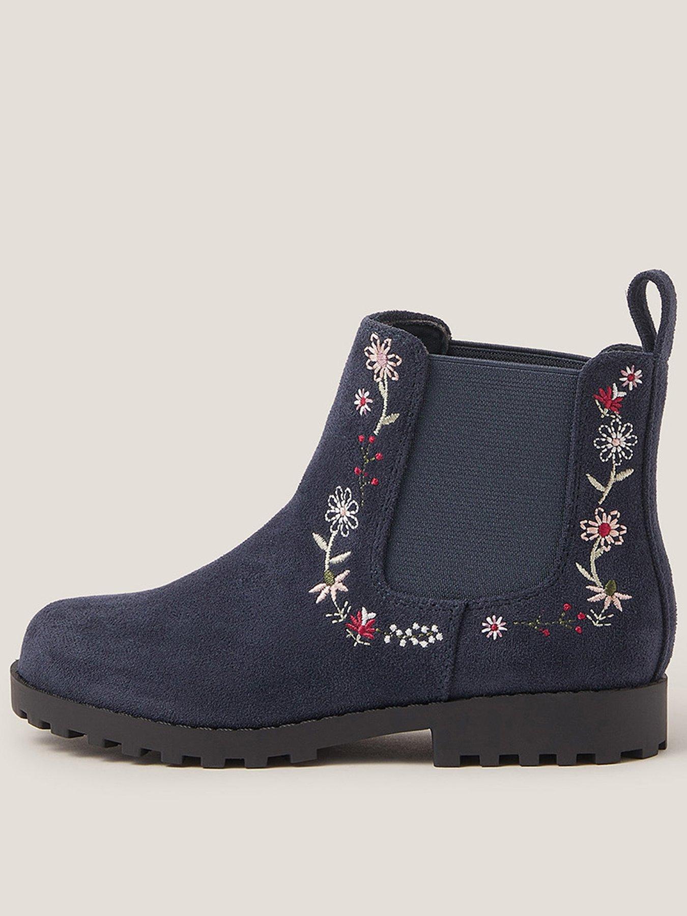 Monsoon Girls Flower Embroidered Boots - Navy