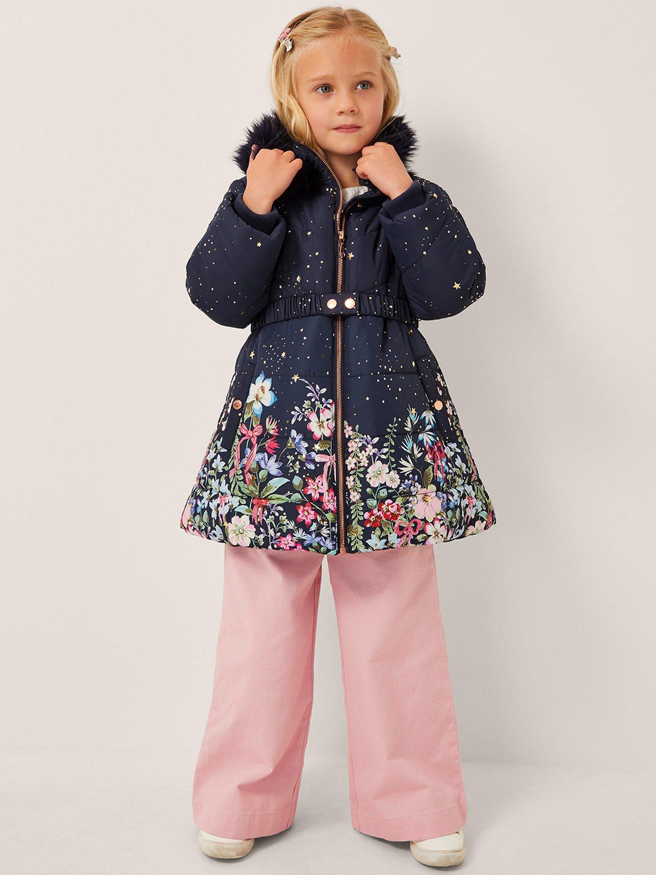 Monsoon Girls Starry Floral Border Coat - Navy