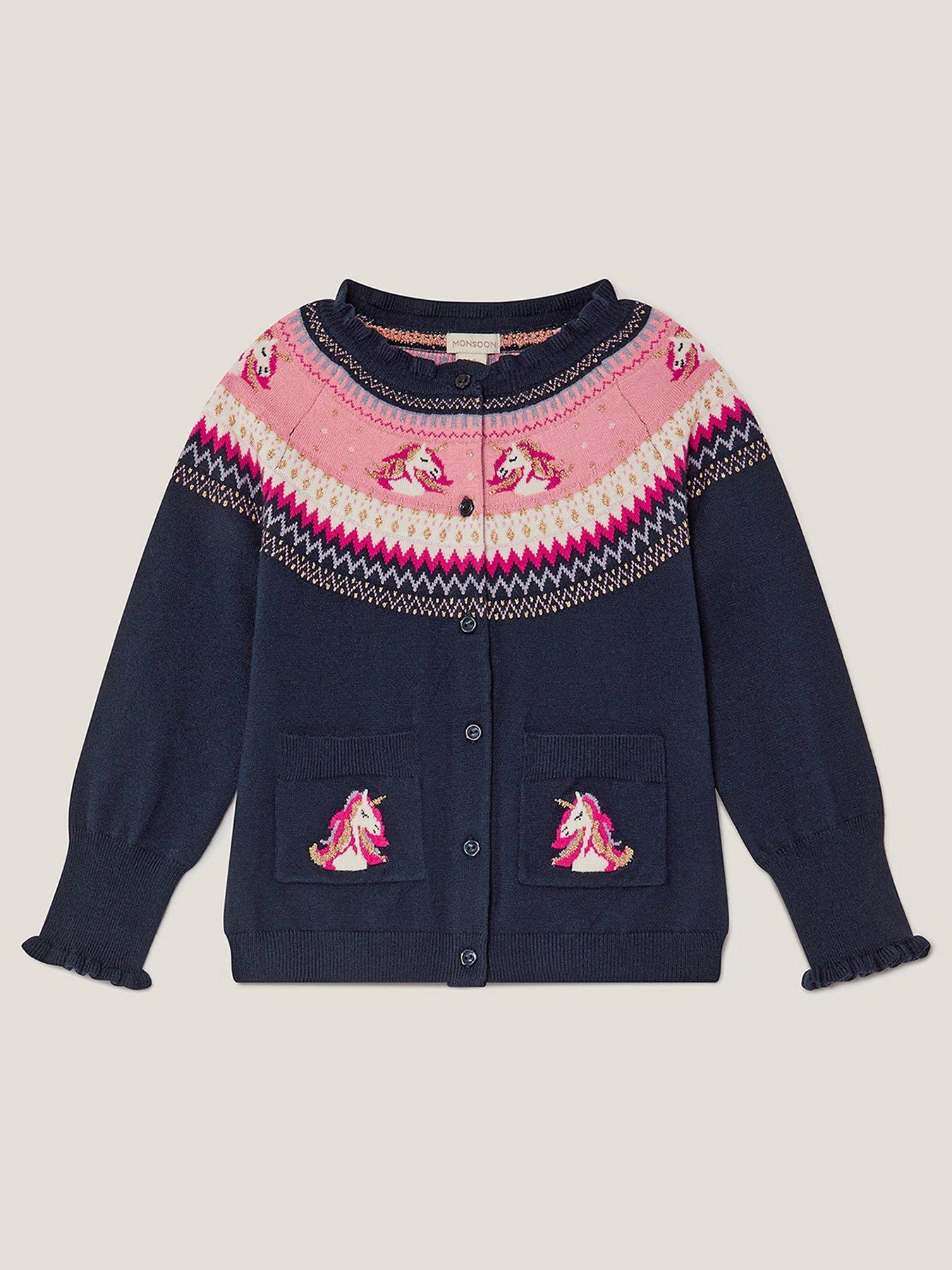 Monsoon Girls Unicorn Fairisle Cardigan - Navy