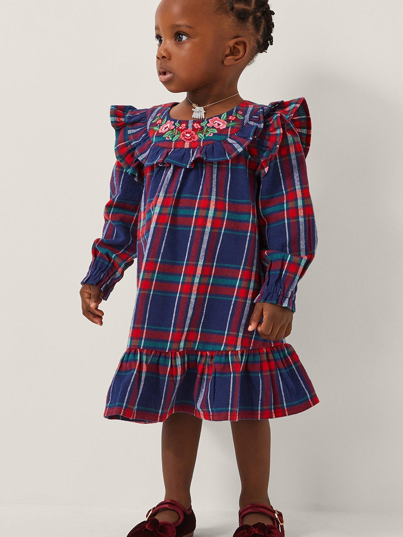 Monsoon Baby Girls Tartan Embroidered Dress - Navy
