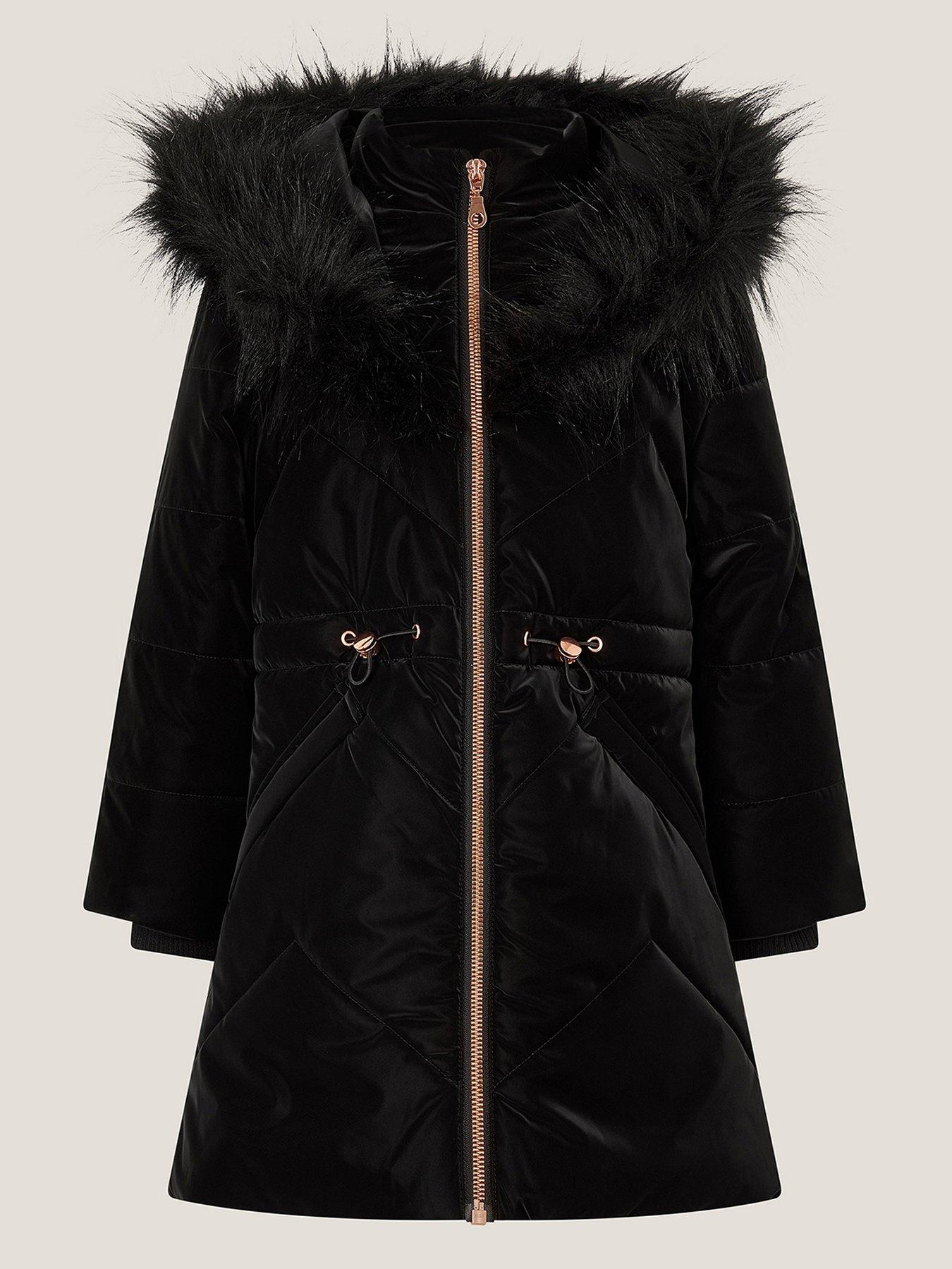 Monsoon Girls Faux Fur Collar Padded Coat - Black