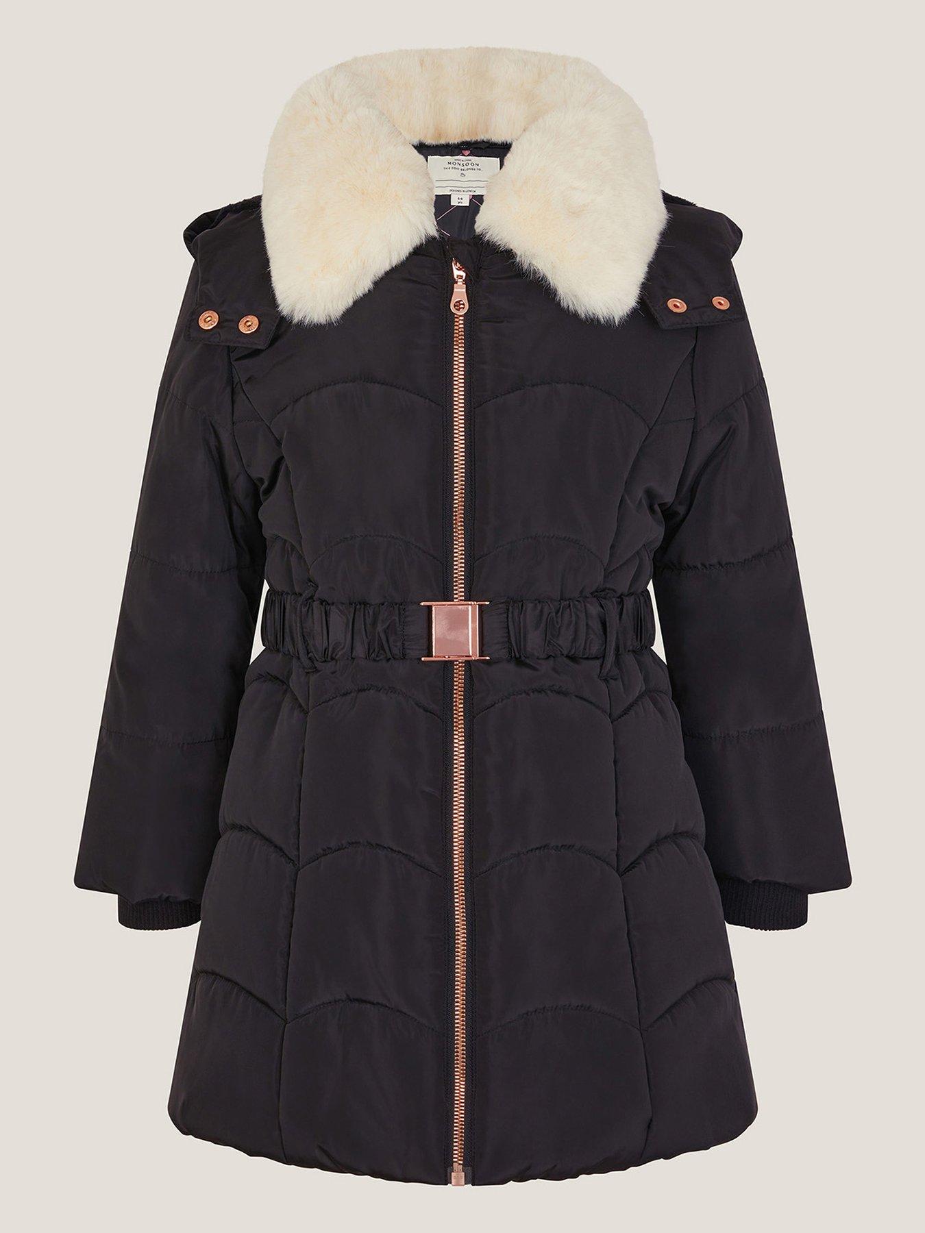 Monsoon Girls Scalloped Belted Coat - Black