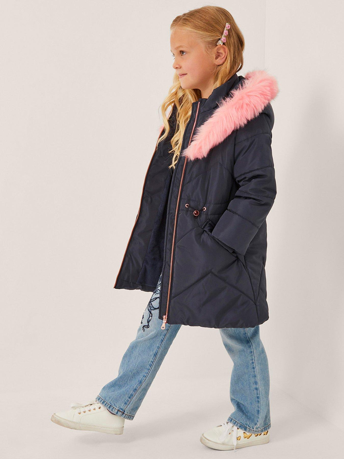 Monsoon Girls Faux Fur Collar Coat - Navy