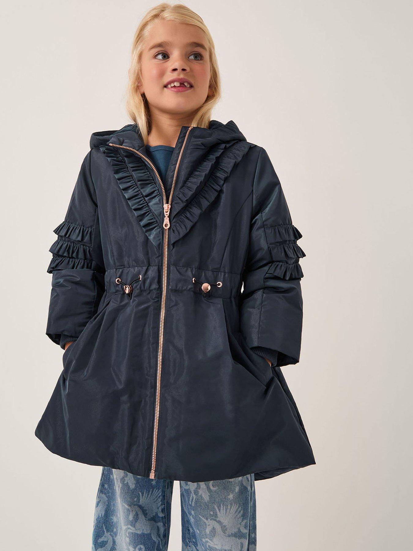 Monsoon Girls Lightweight Ruffle Trim Raincoat - Navy