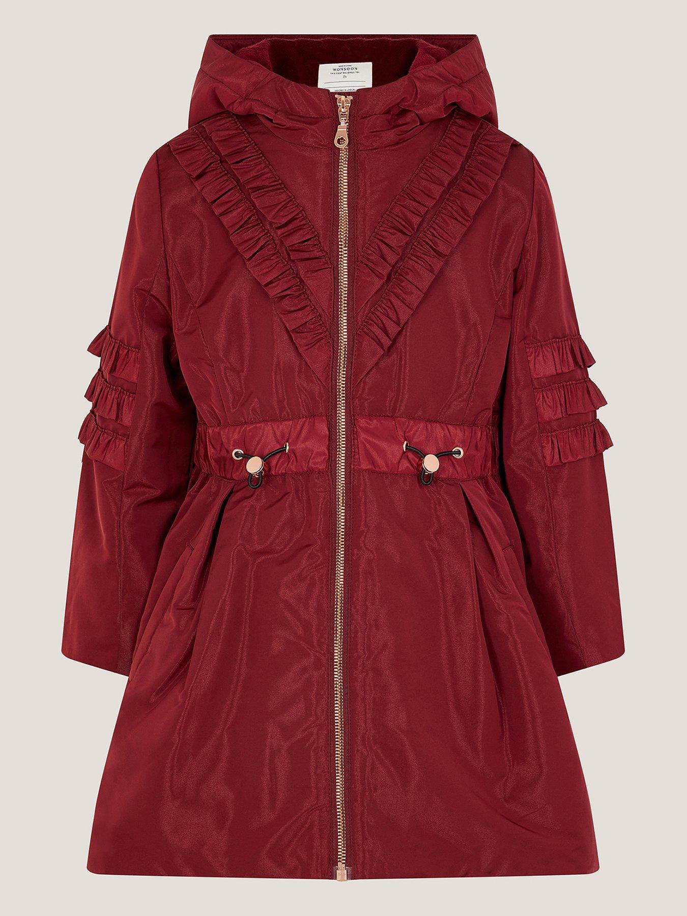Monsoon Girls Lightweight Ruffle Trim Raincoat - Dark Red