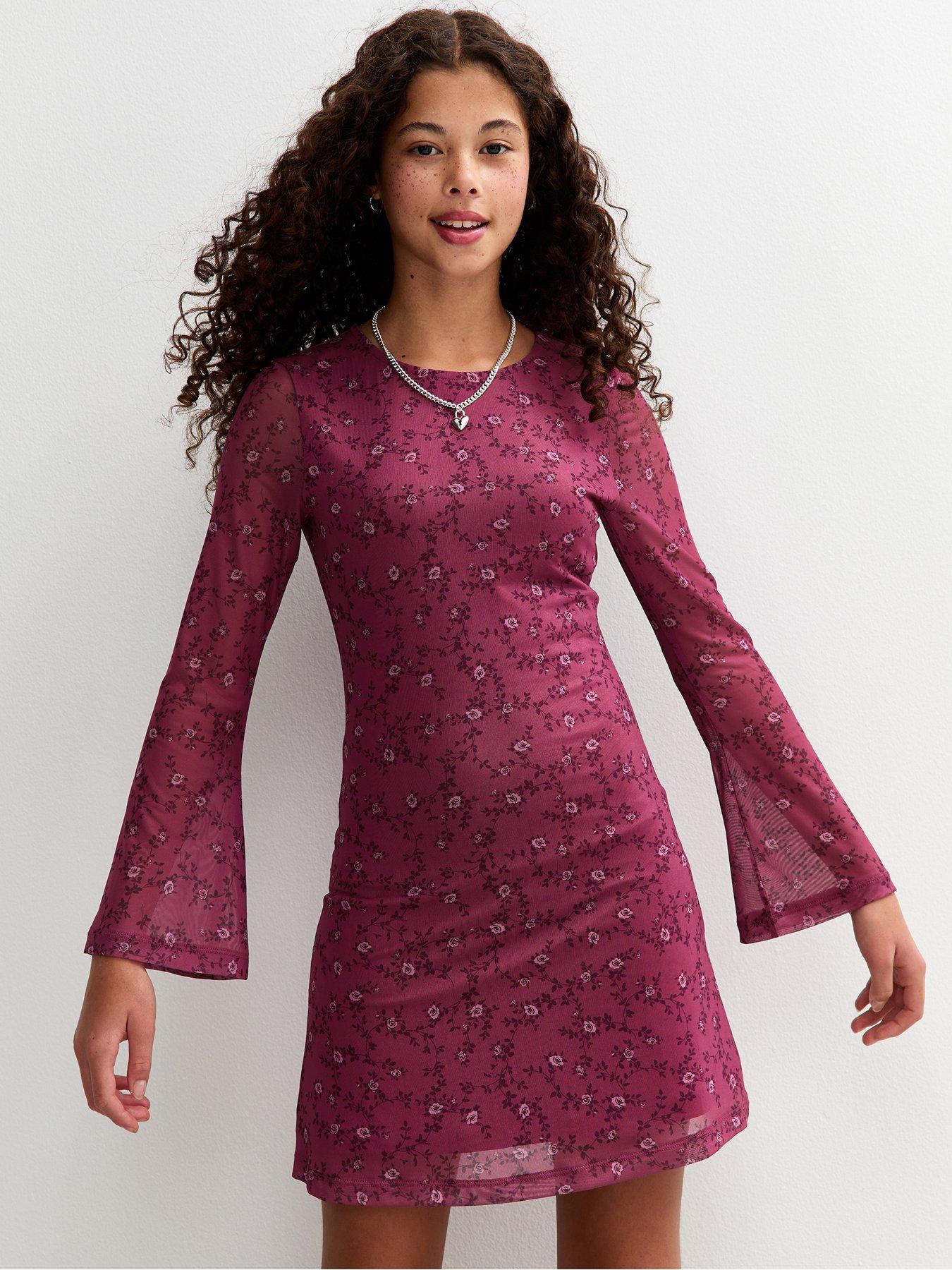 New Look 915 Girls Mesh Rose Print Long Sleeve Mini Dress - Red