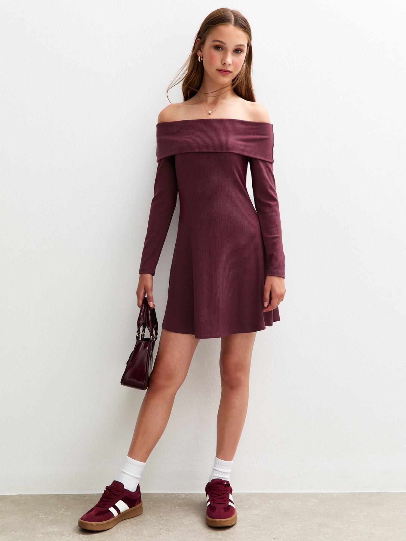 New Look 915 Girls Light Burgundy Bardot Ribbed Long Sleeve Dress - Dark Red