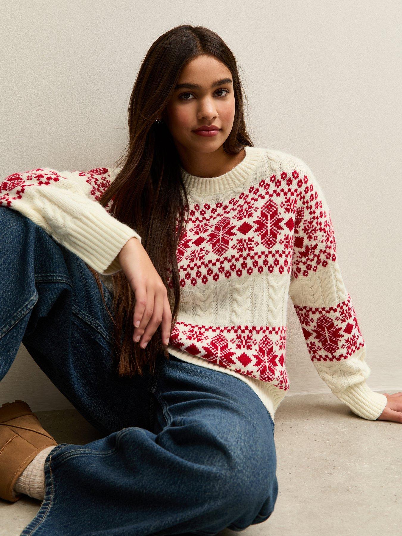 New Look 915 Girls Cable Knit Fair Isle Pattern Christmas Jumper - Off White
